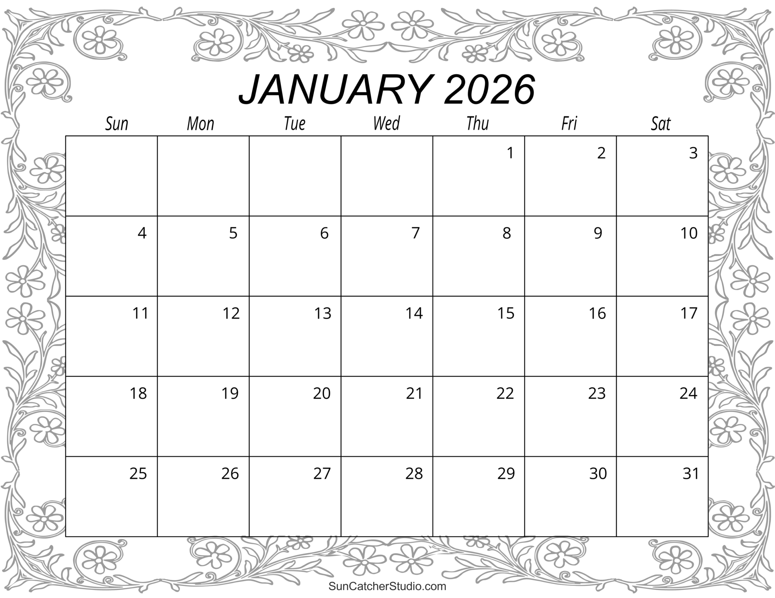 Blank Printable 2026 Monthly Calendar