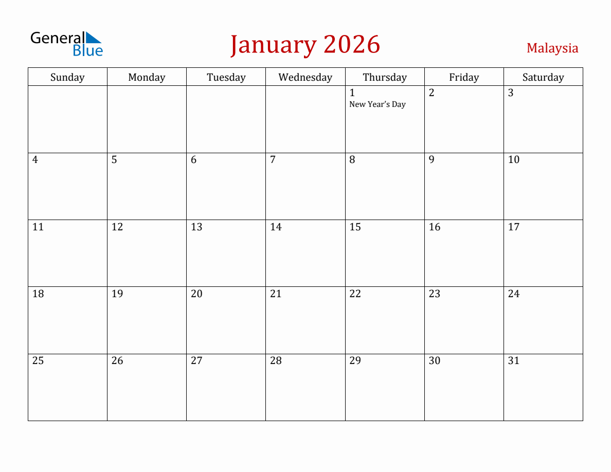 January 2026 Malaysia Monthly Calendar With Holidays