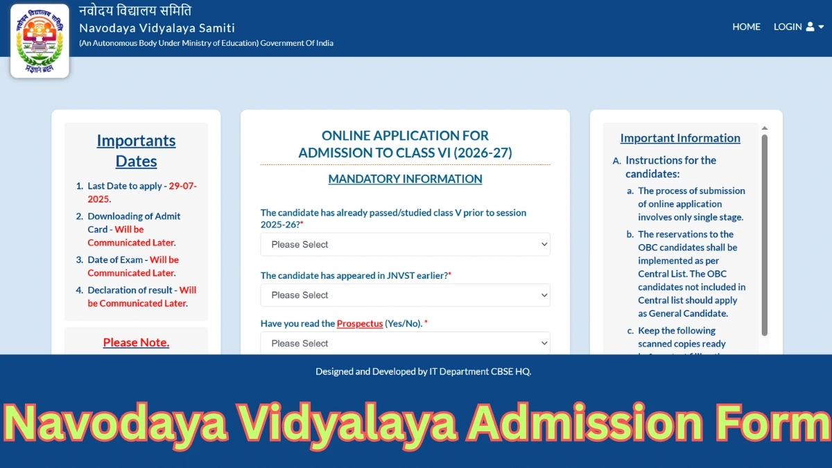 Jnv Application Form For Class 6 2026