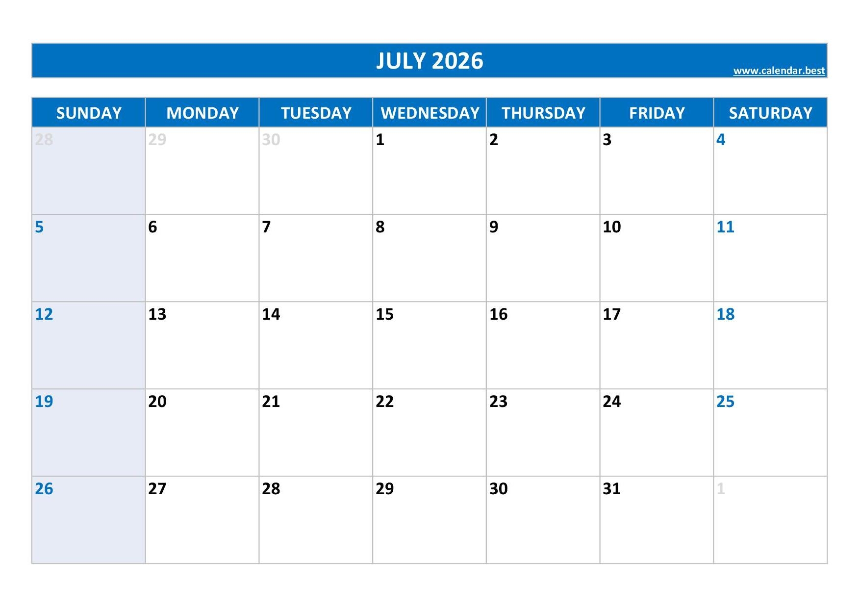 July Calendar Printable 2026