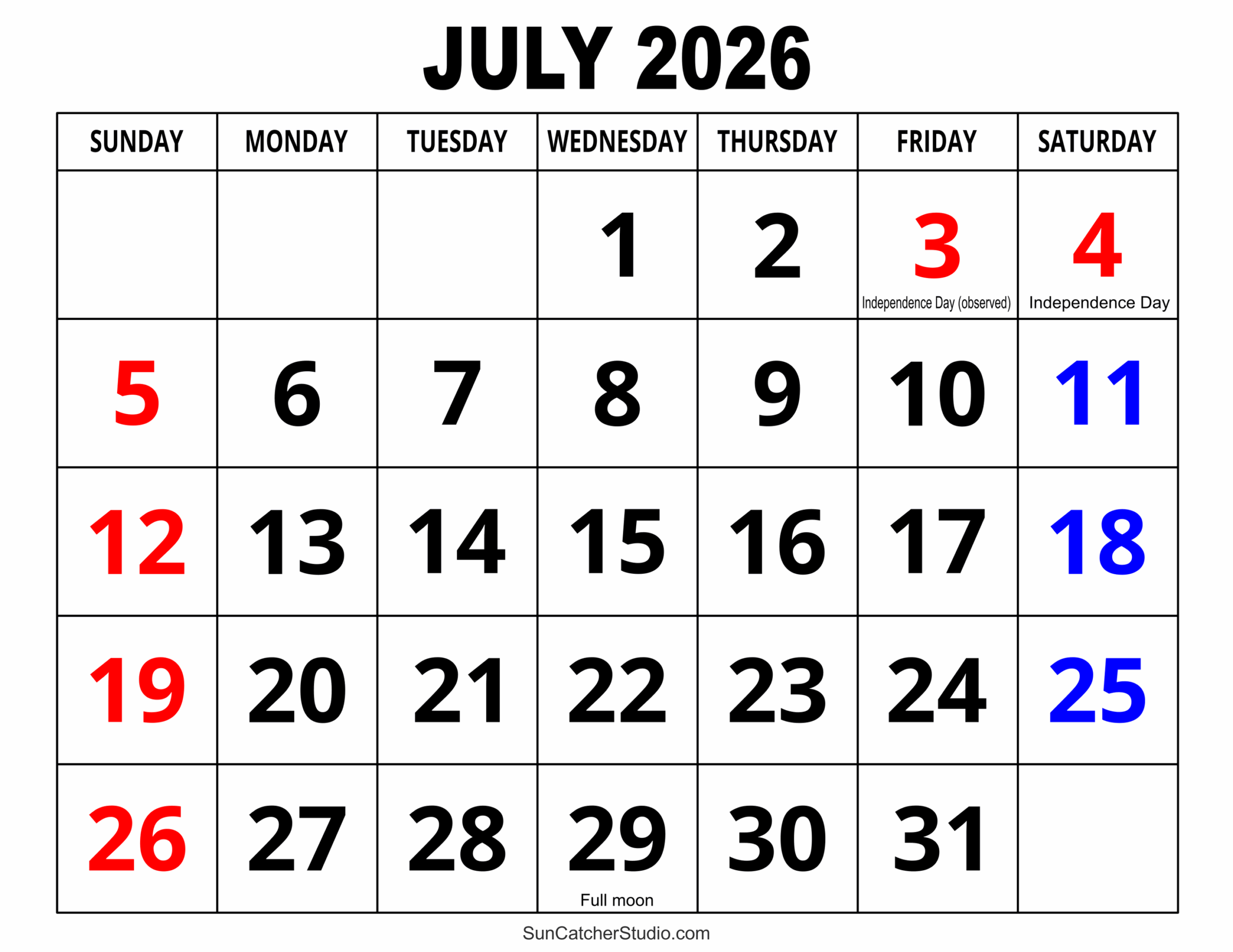 Free Printable Calendar July 2026