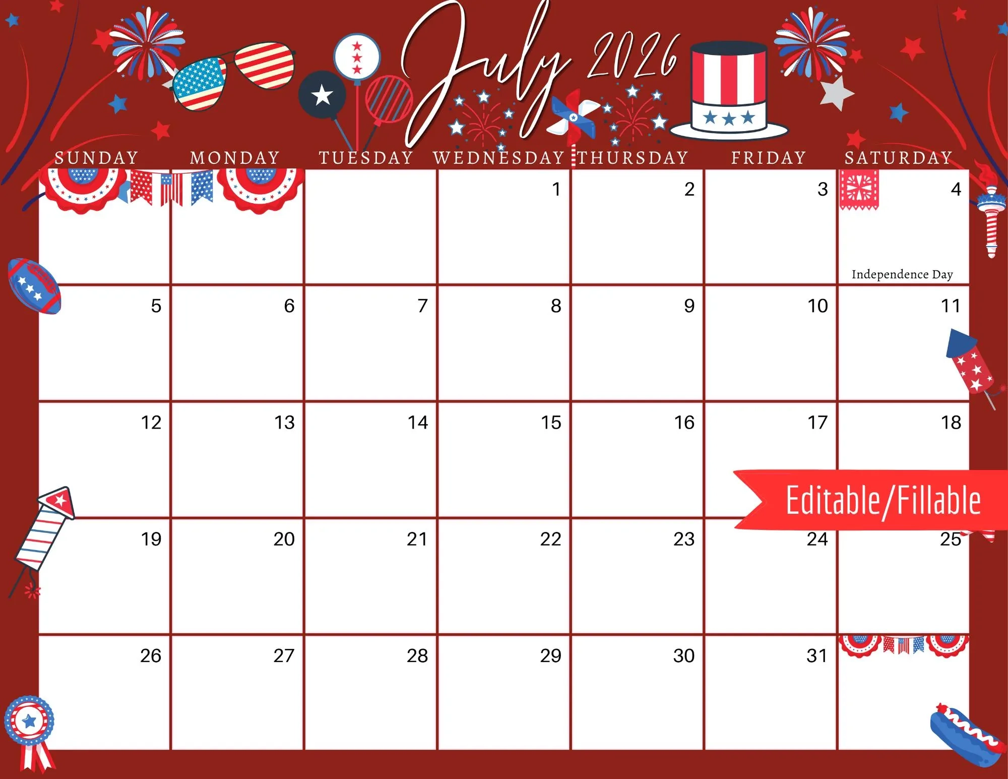 July 2026 Red 4th Of July Calendar Editable Printable Planner 