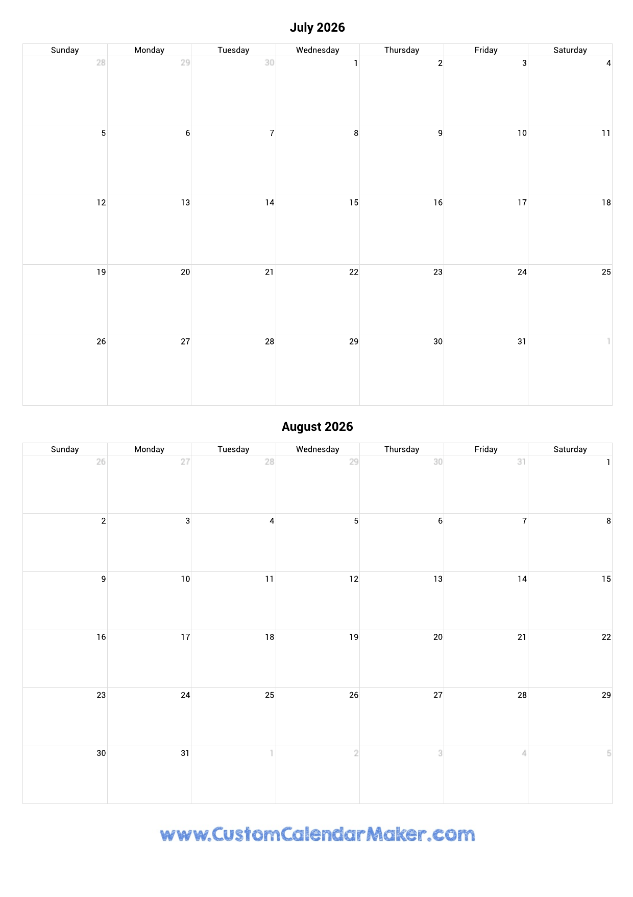 Blank July 2026 Calendar Portrait
