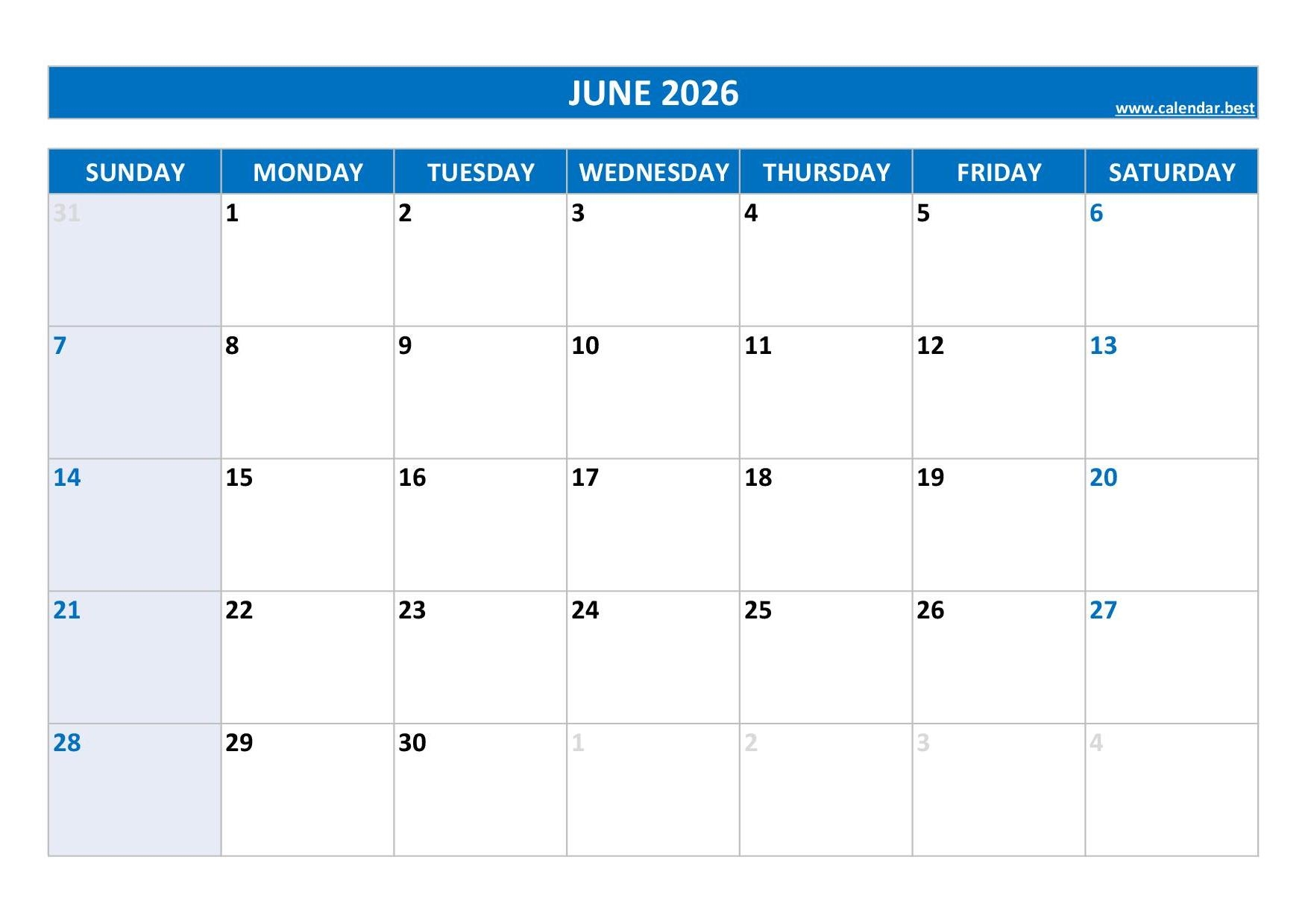 Blank June Calendar 2026 Free Download