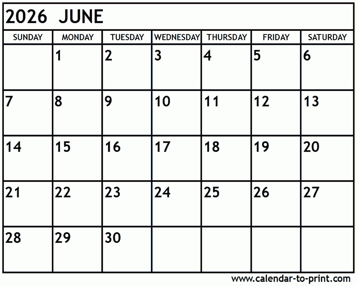 June Blank Calendar 2026 Free Printable