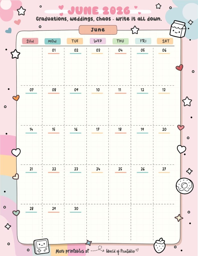 Color 2026 June Calendar Planner Printable