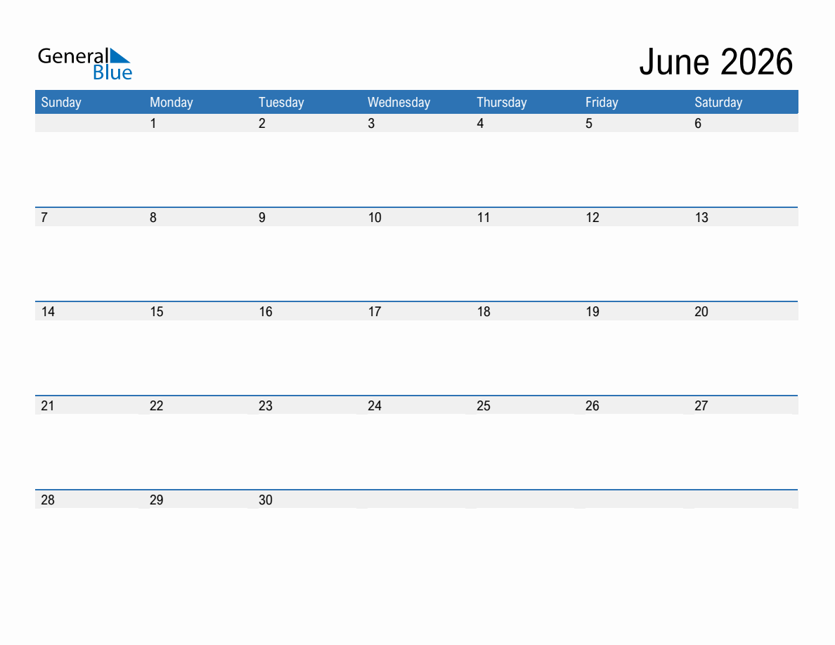 June 2026 Monthly Calendar PDF Word Excel 