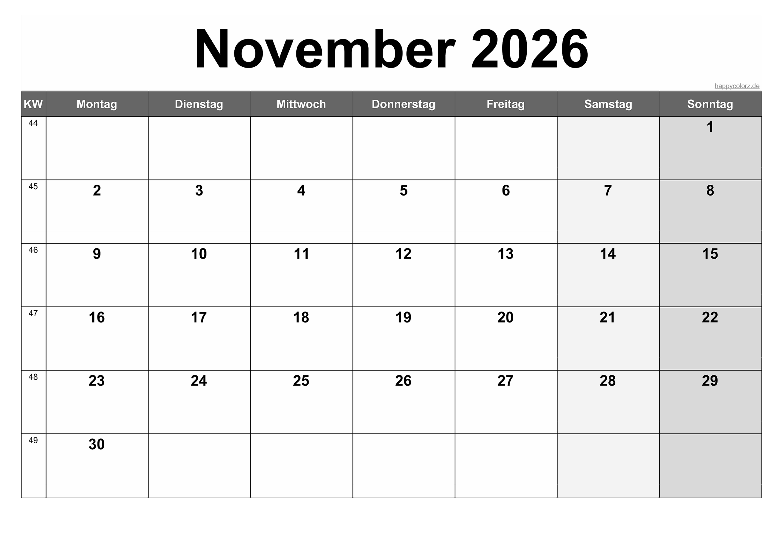 Kalender November 2026 Zum Ausdrucken PDF XLS PNG 