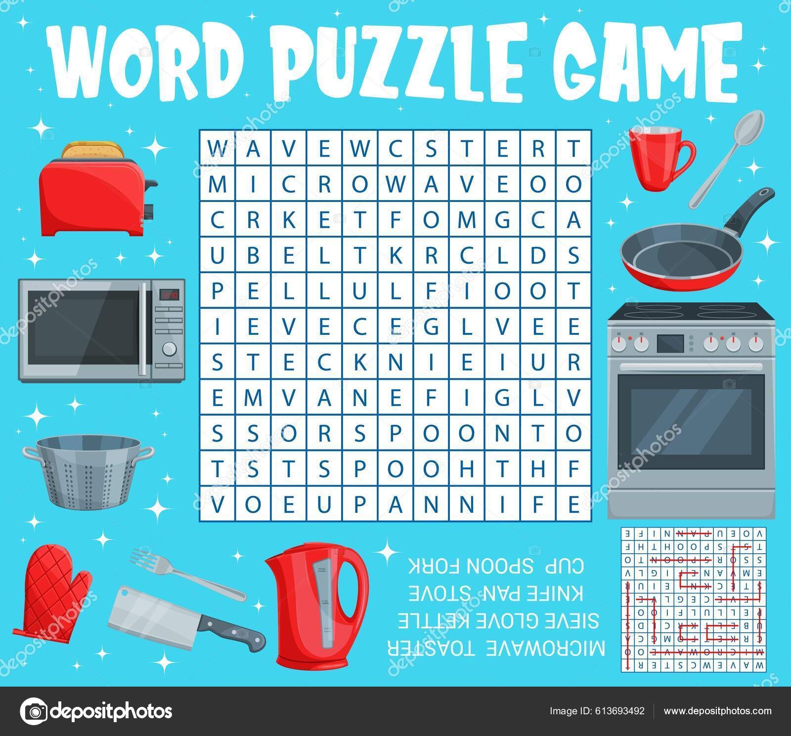 Kitchen Appliance Utensil Word Search Puzzle Game Worksheet 