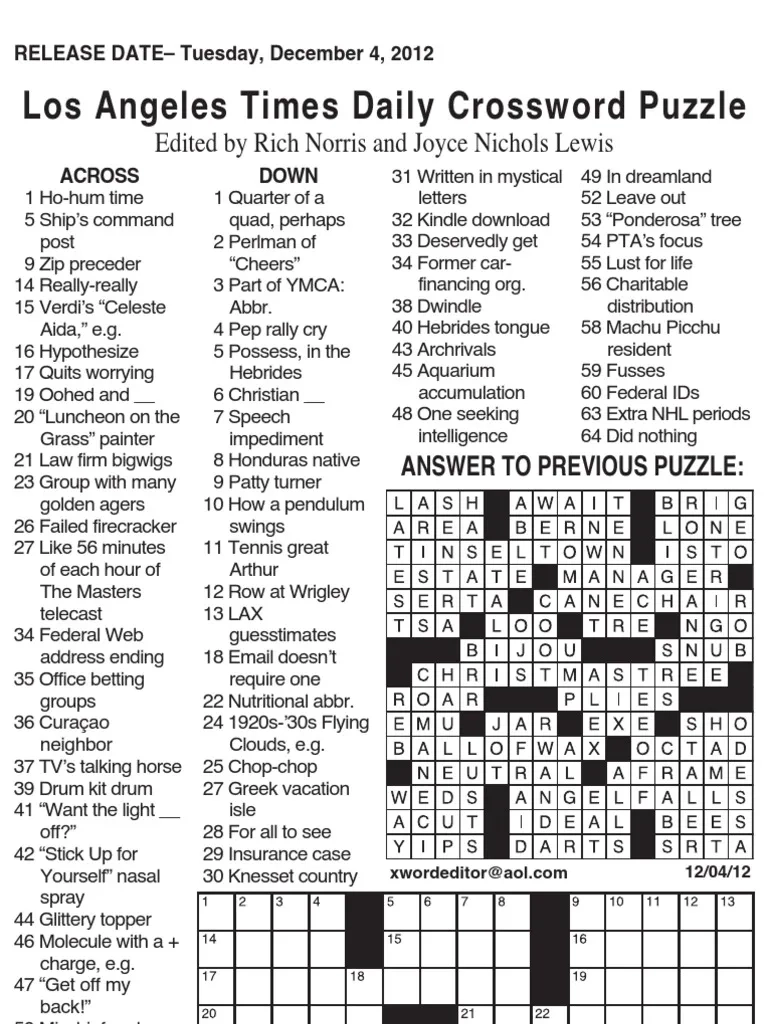 Los Angeles Times Daily Crossword Puzzle Edited By Rich Norris 