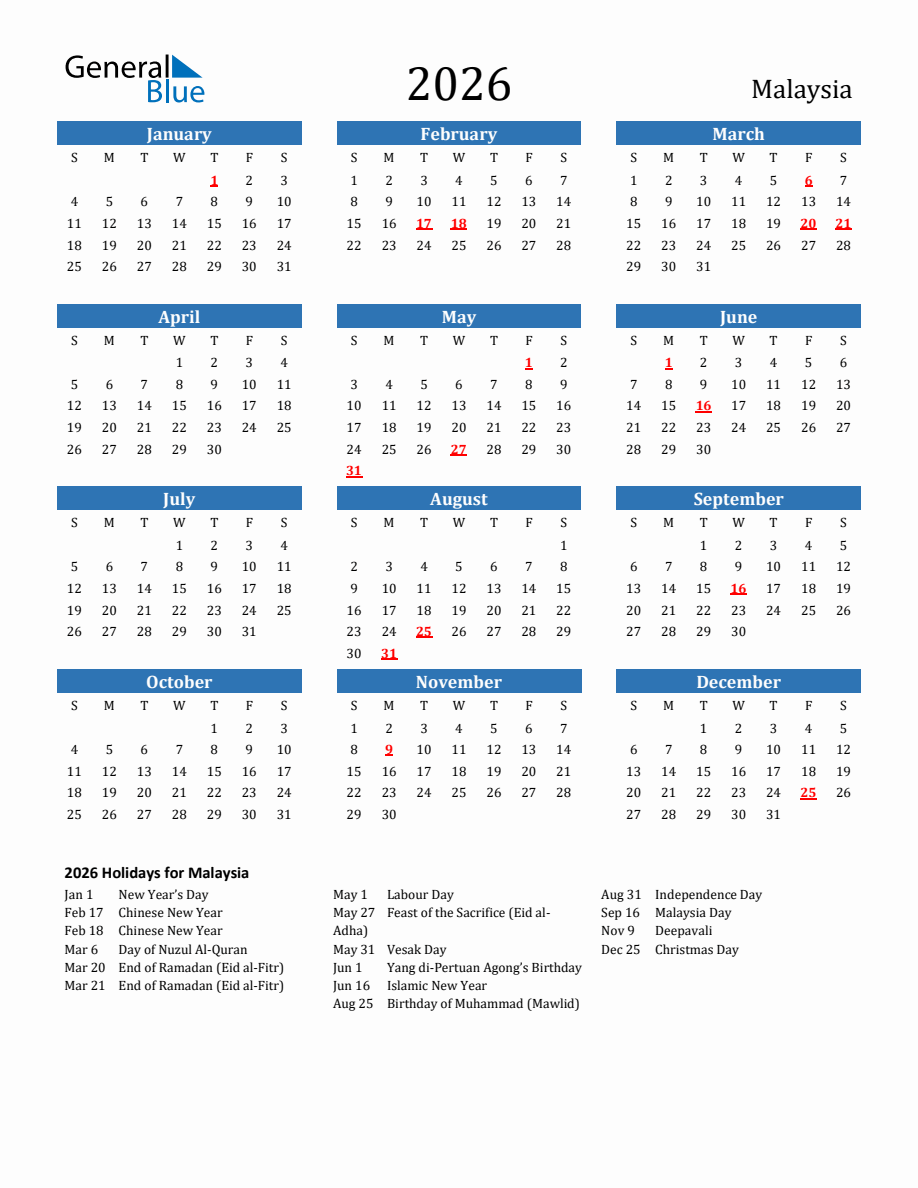 January 2026 Calendar Malaysia