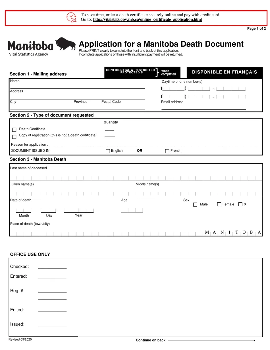 Manitoba Canada Application For A Manitoba Death Document Fill 