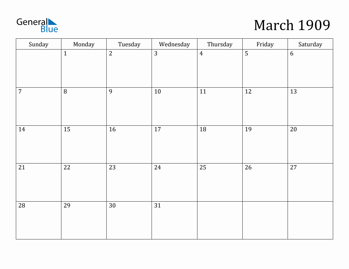 March 1909 Monthly Calendar
