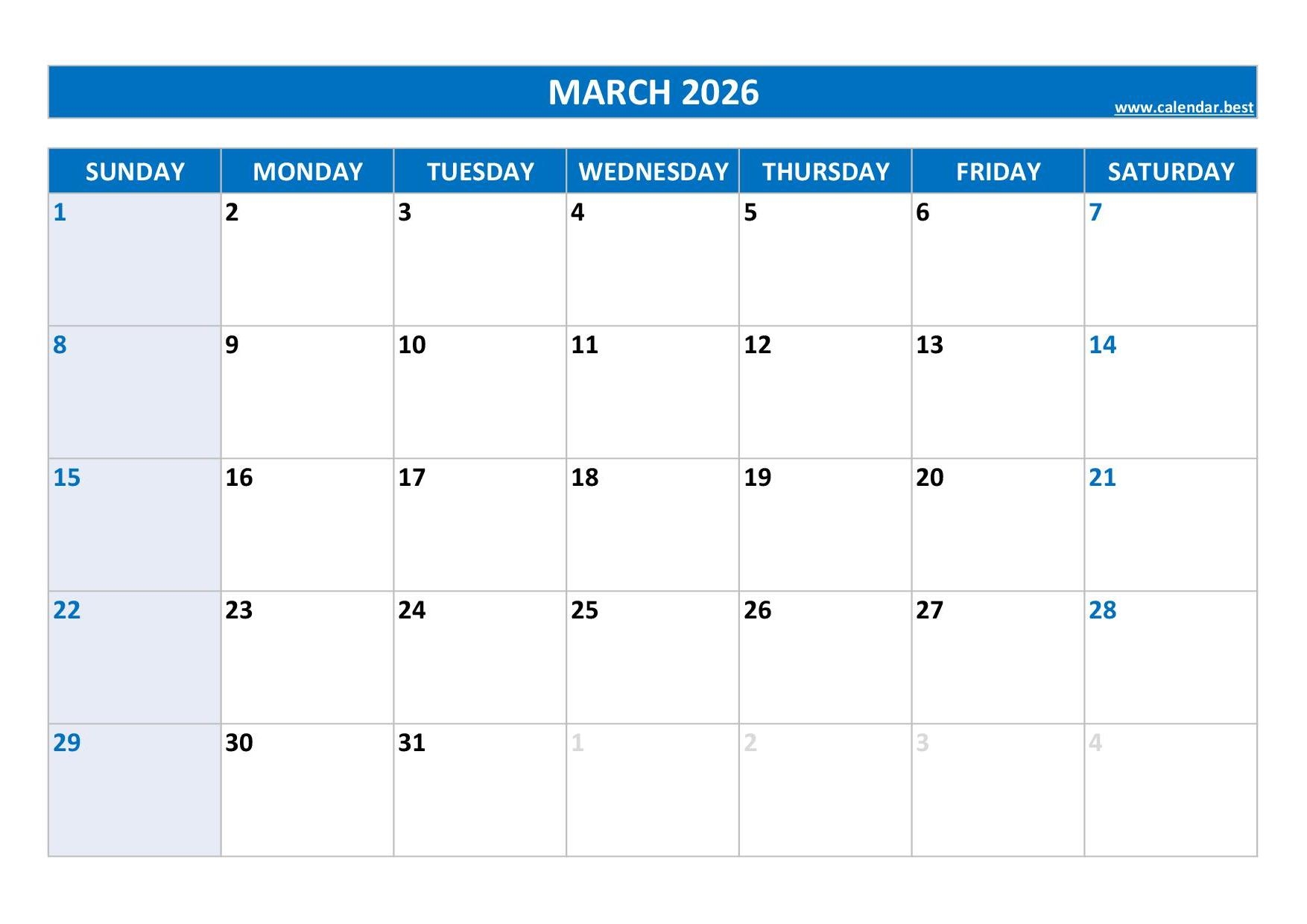 March Printable Calendar 2026 Free