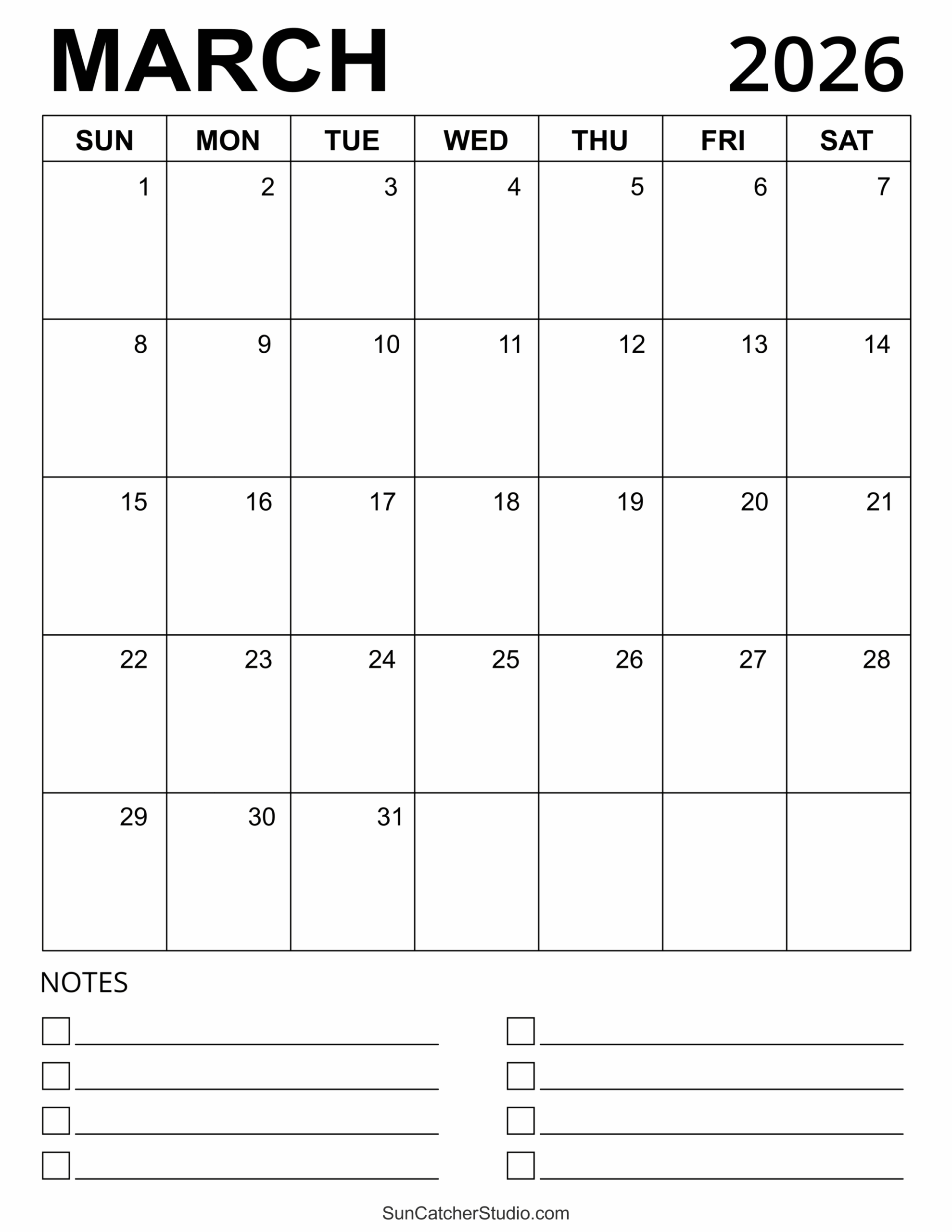 Blank Calendars March 2026