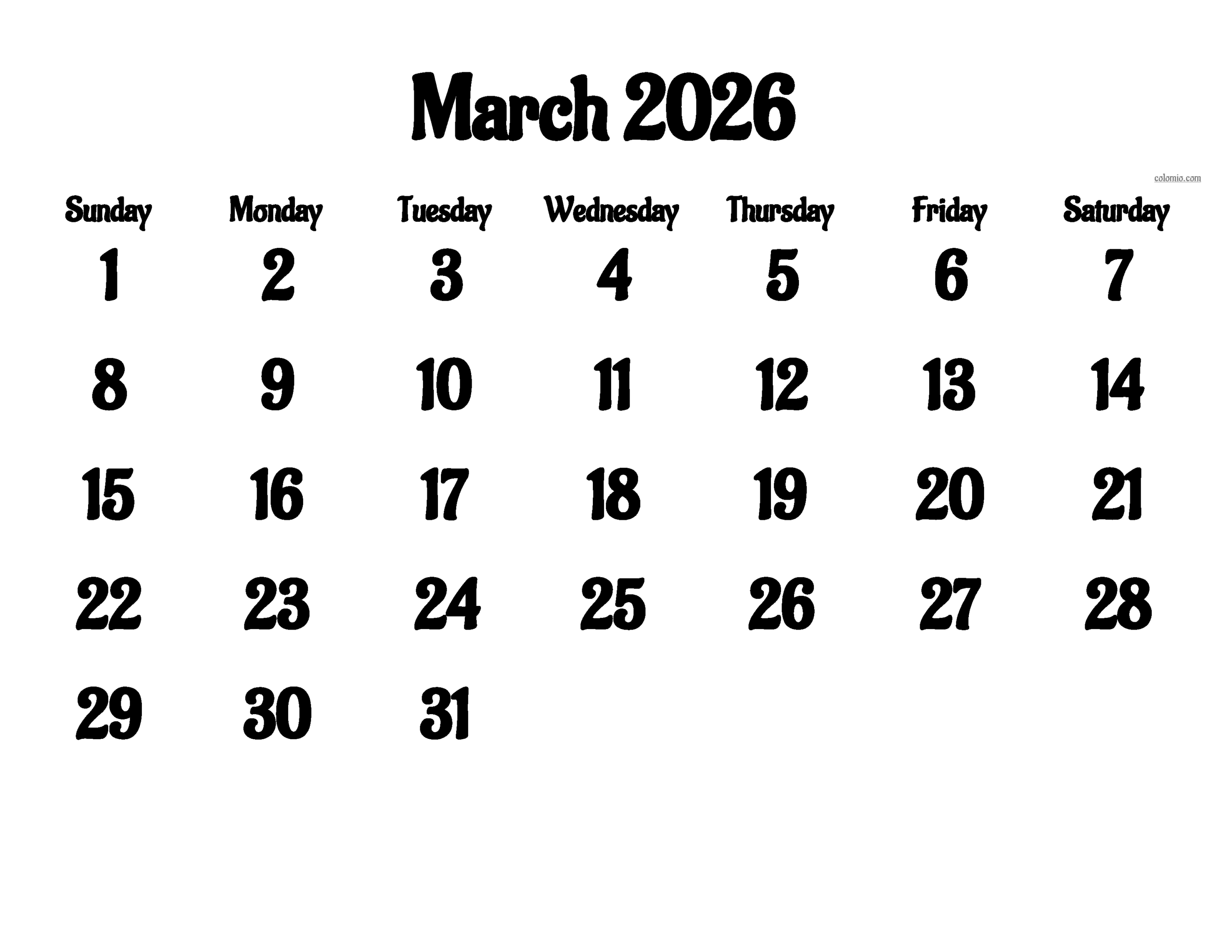 March 2026 Calendar Free