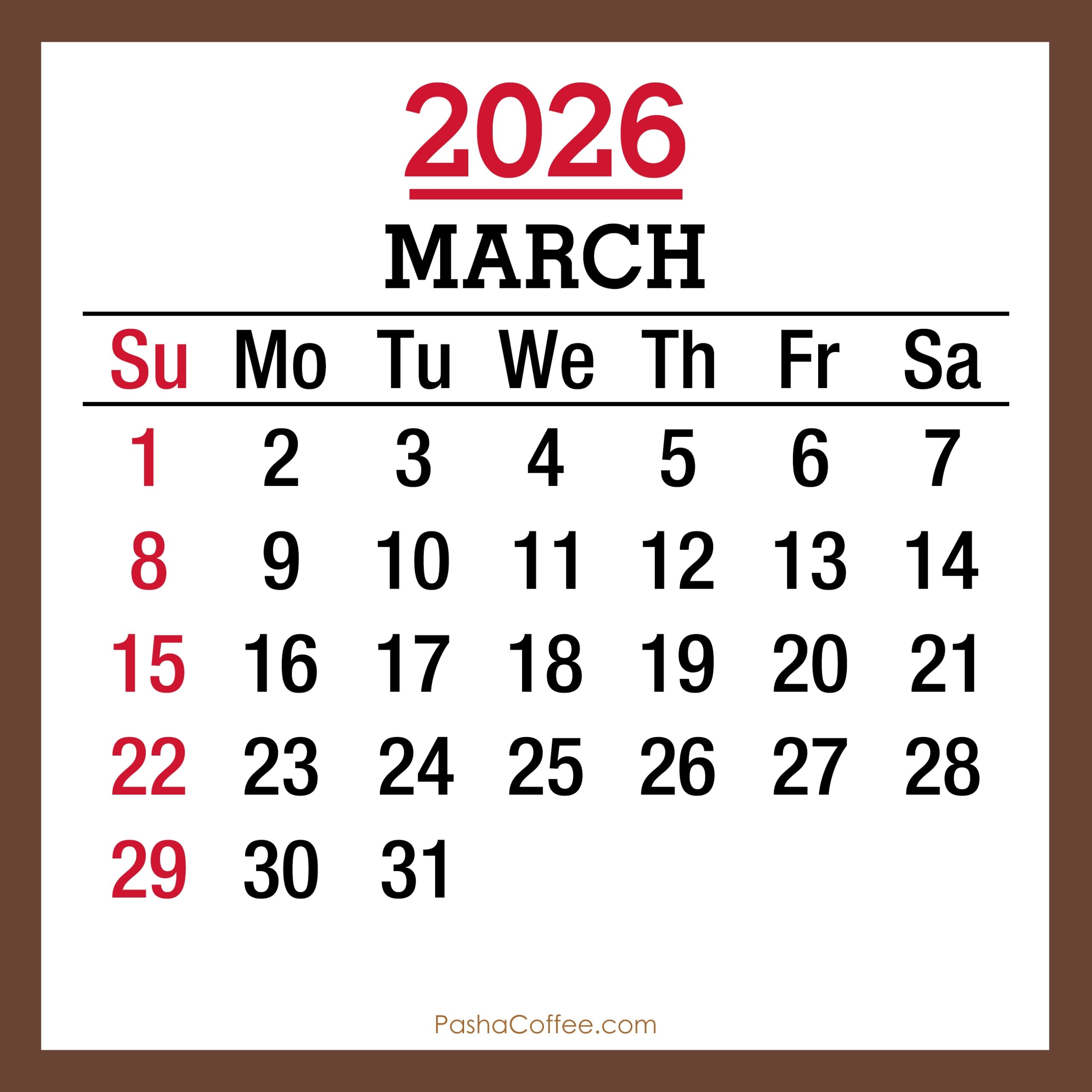 March 2026 Monthly Calendar With Holidays Printable Free Sunday 