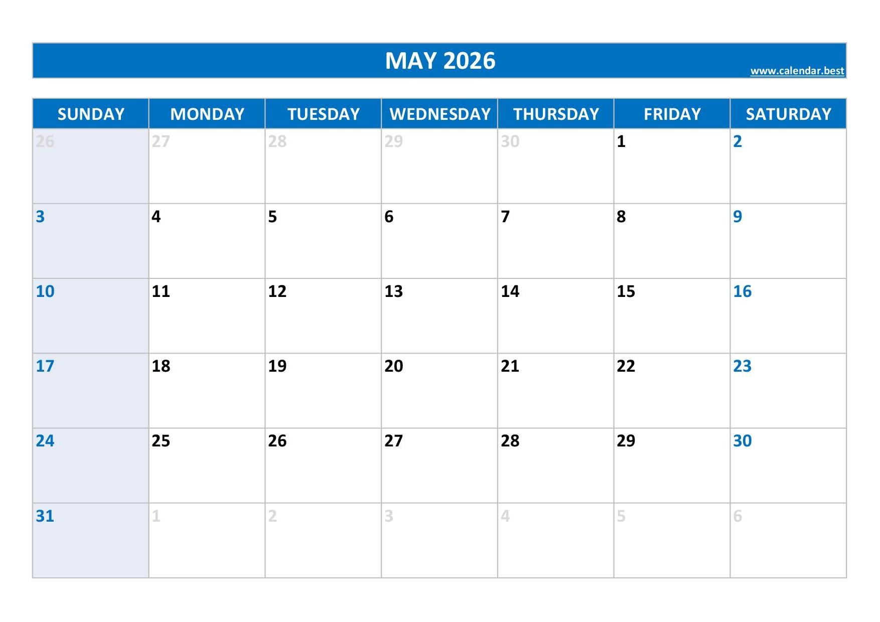 Blank 2026 May Calendar