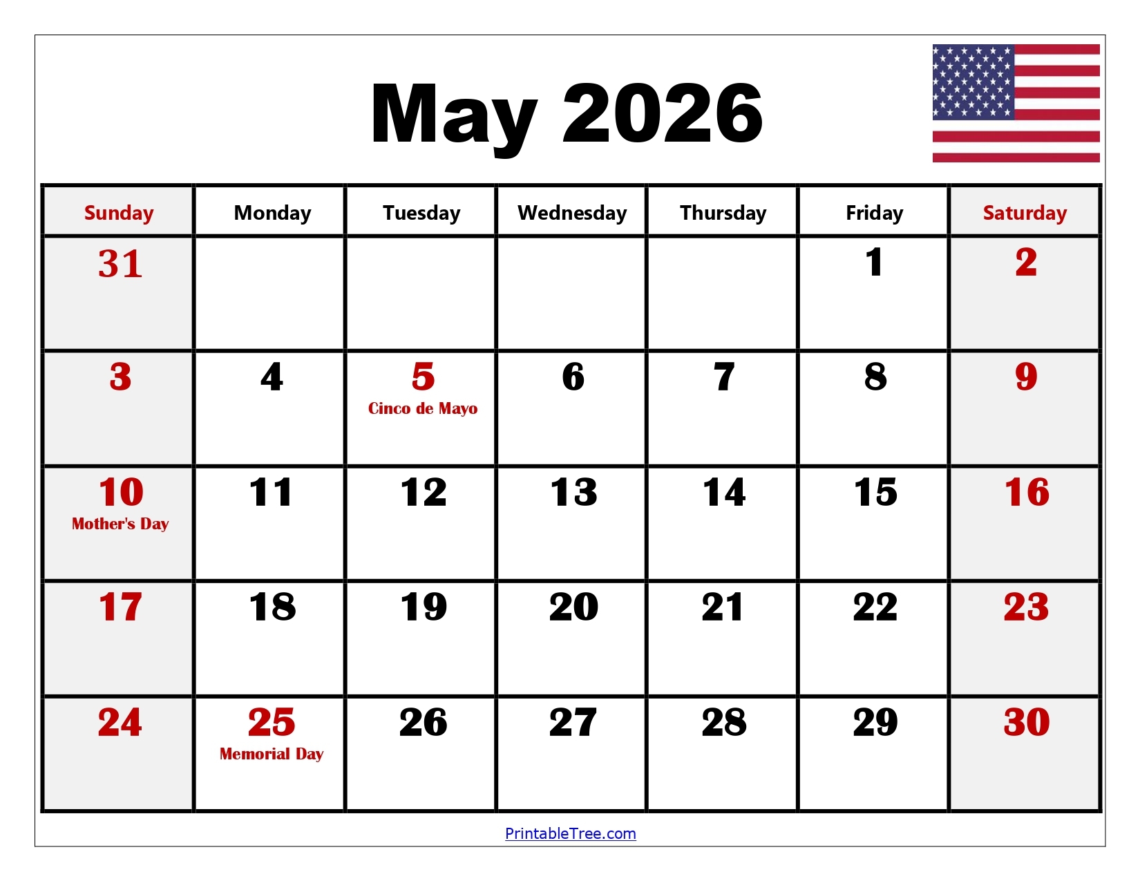 Blank Monthly Calendar May2026 Printable