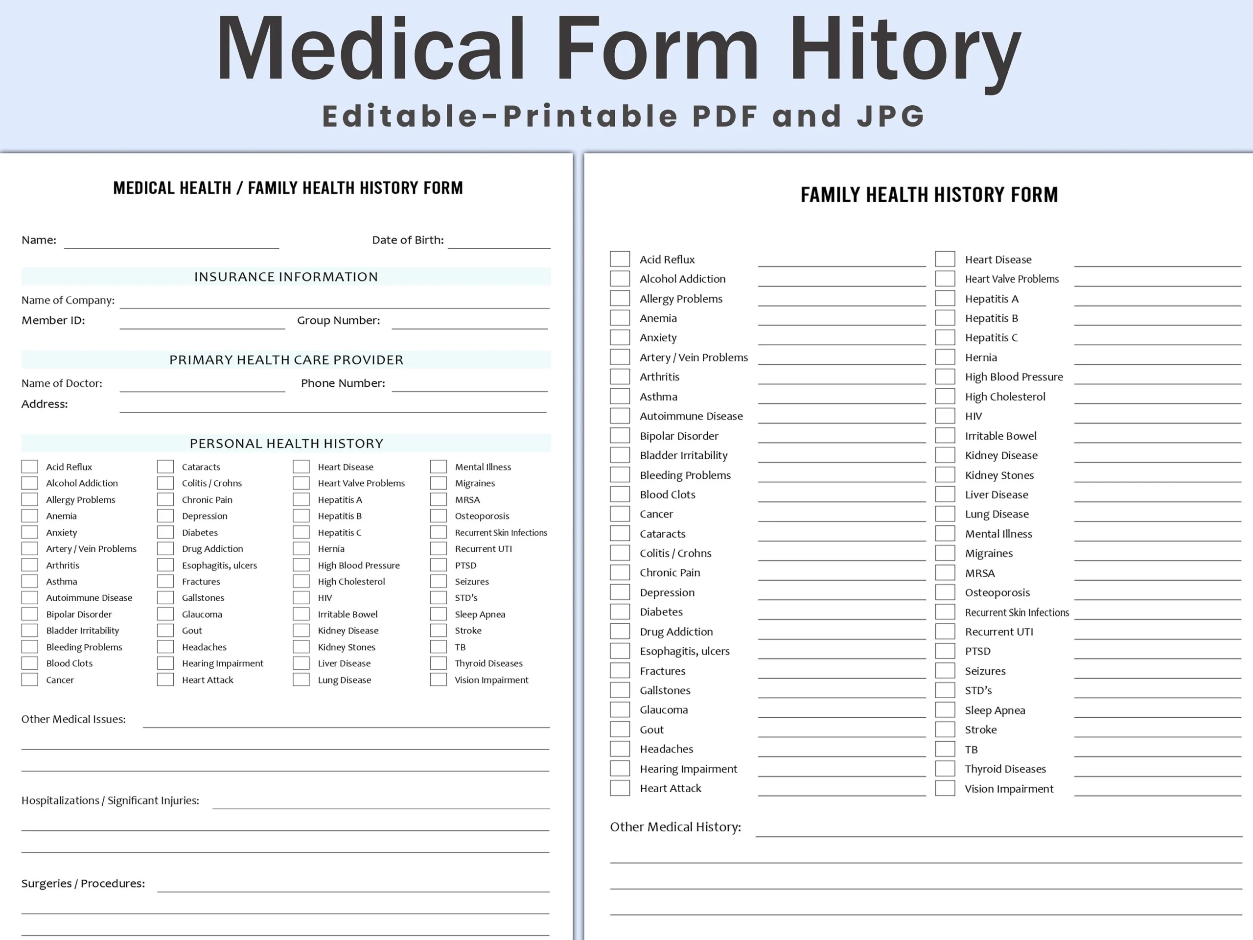 Medical History Form Etsy