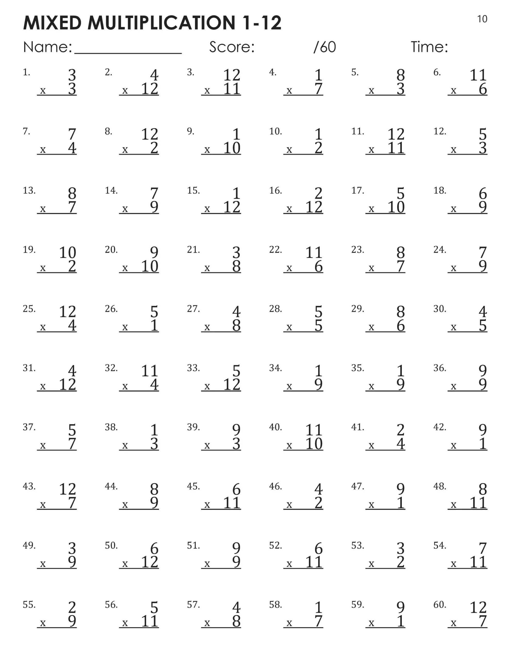 Mixed Multiplication Facts 1 12 Timed Tests Worksheets Etsy UK