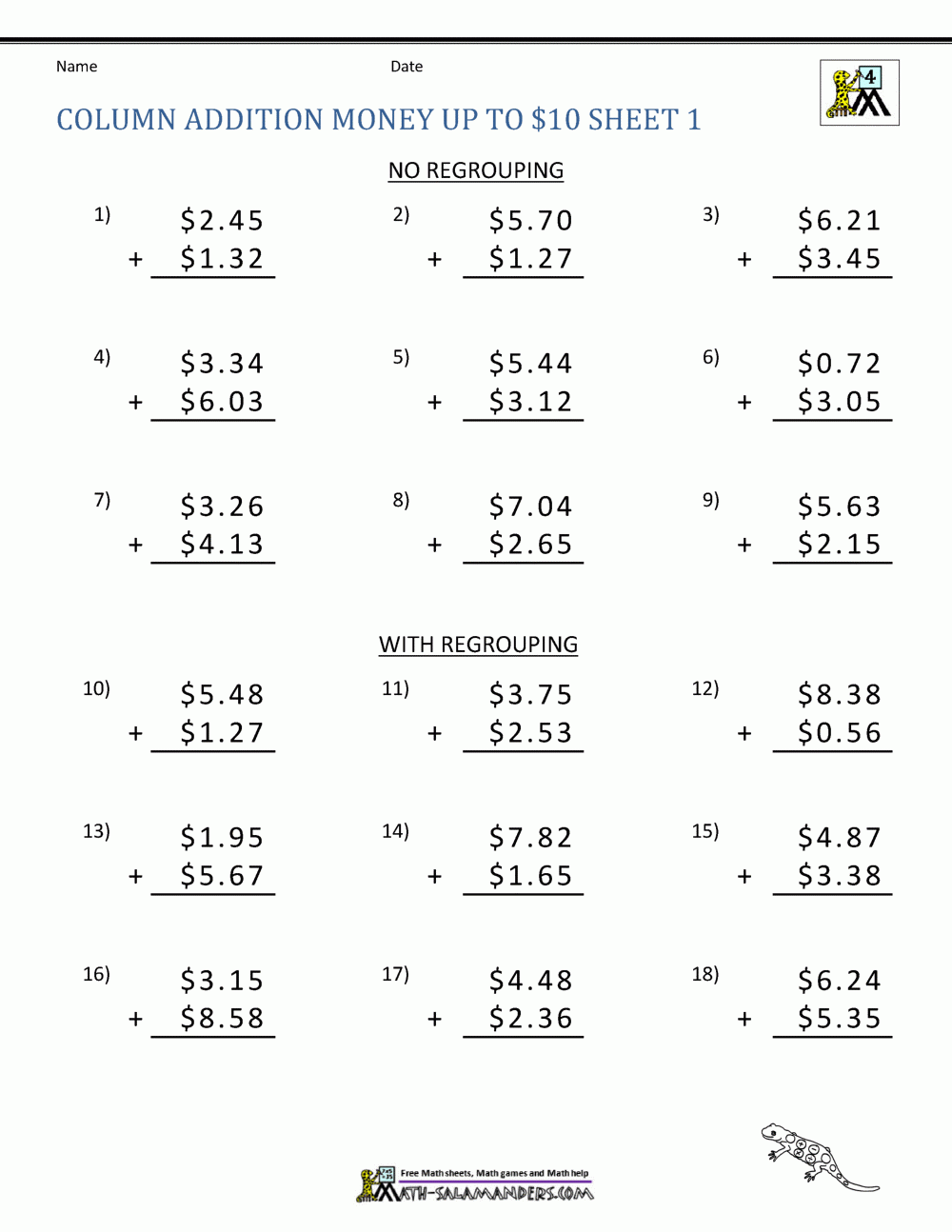Money Addition Worksheet Collection 4th Grade