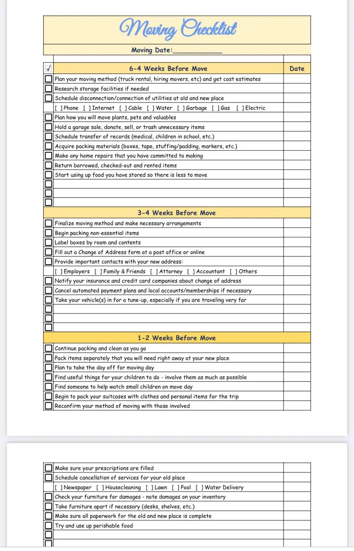 Printable House Moving Checklist Template