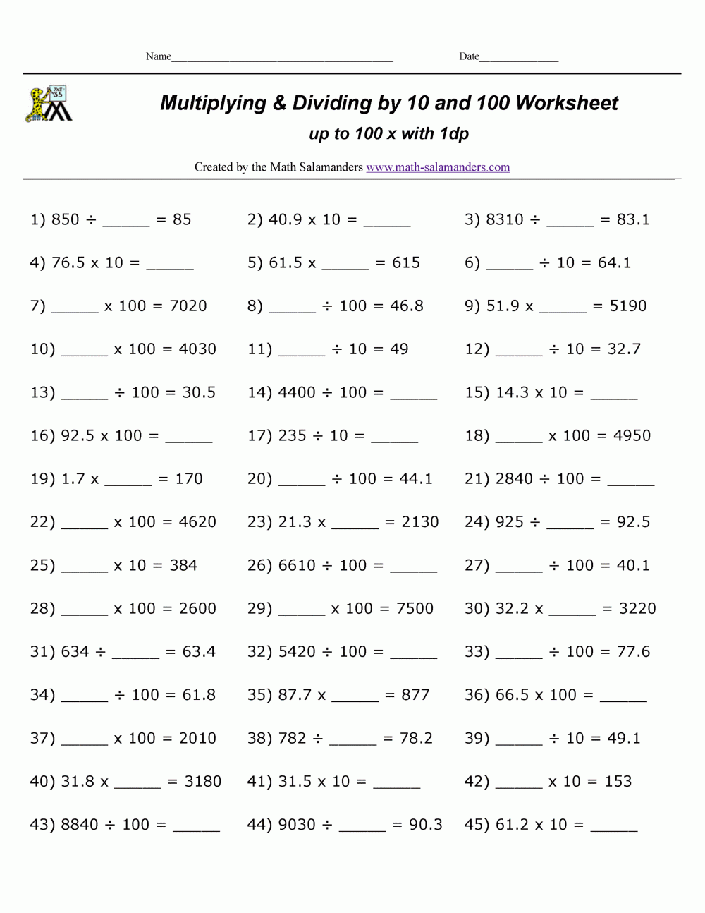 Multiplication Division Worksheet Printable