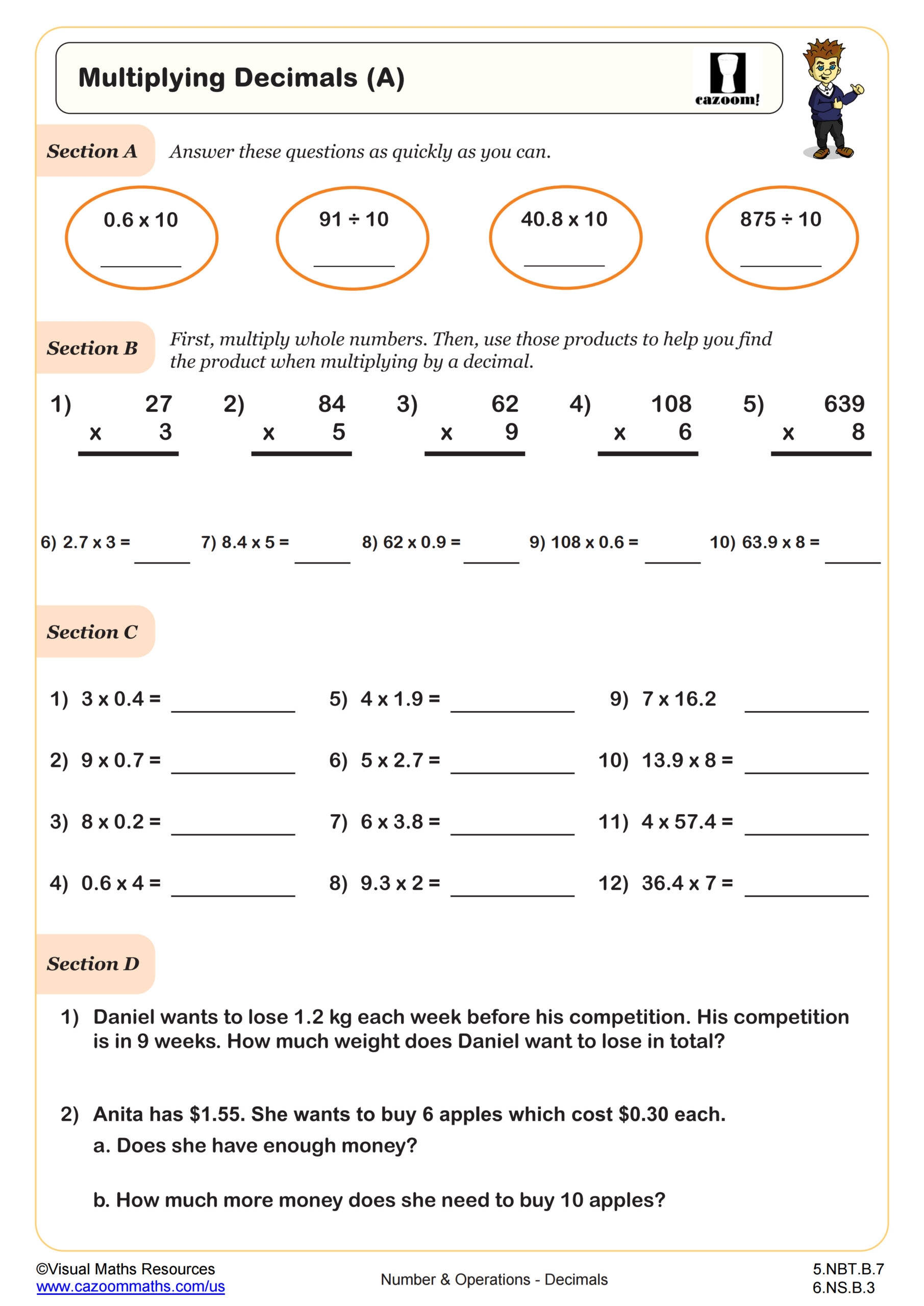Multiplying Decimals Worksheet PDF Printable Number amp Operations 