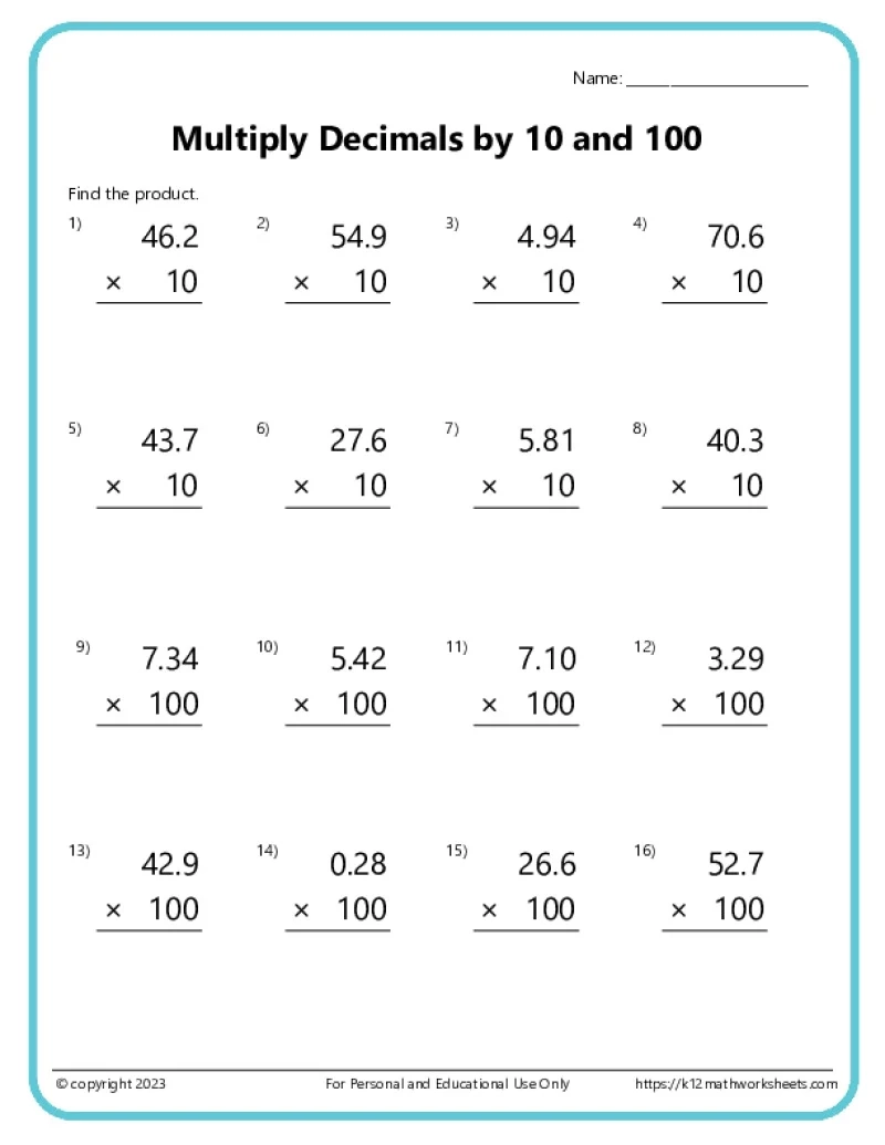 Multiplying Decimals Worksheets