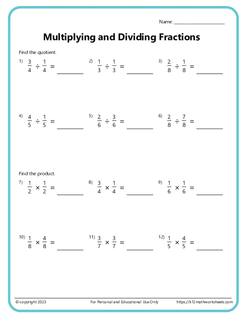 Multiplying Fractions Worksheets