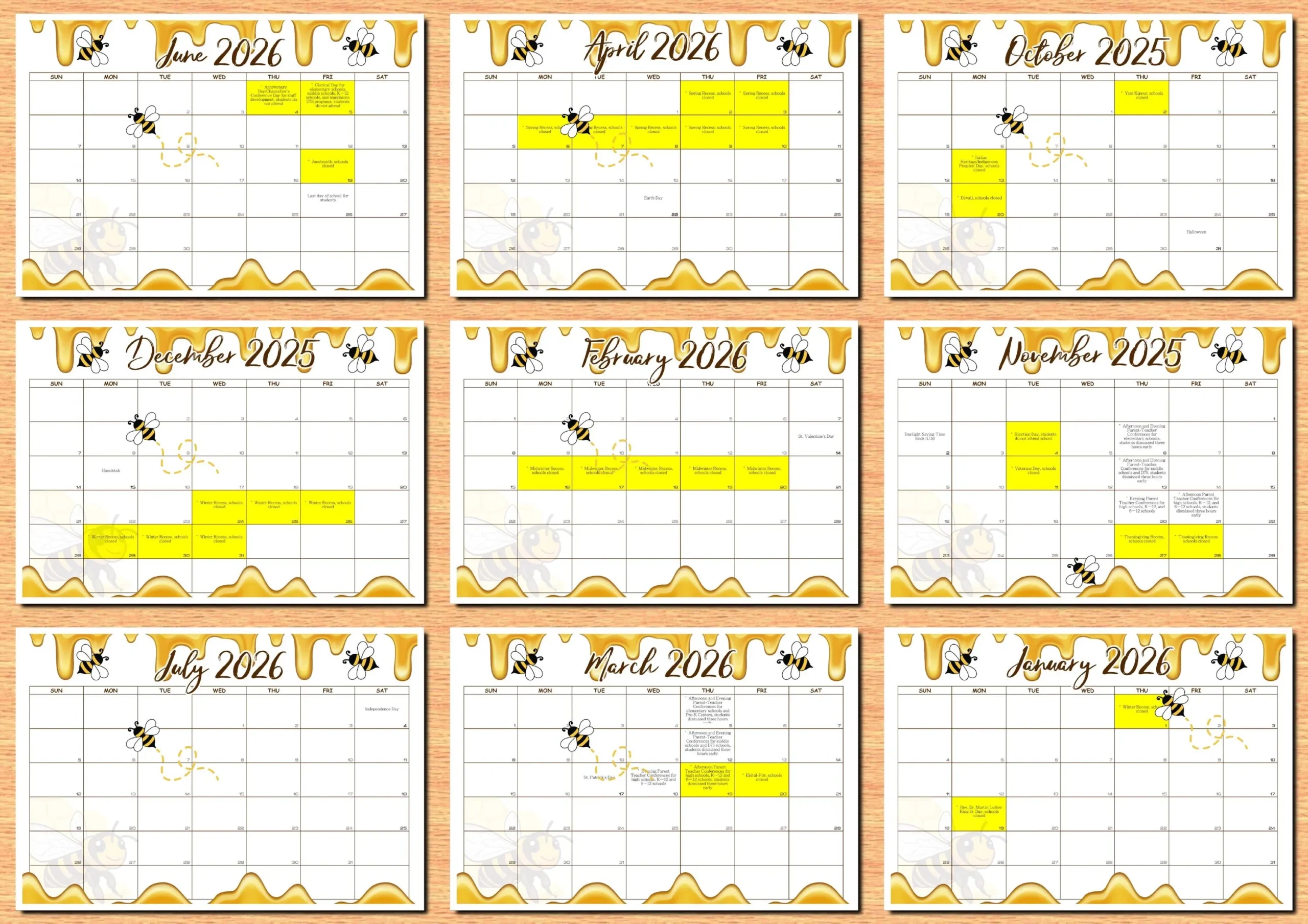 New York School Calendar Bumble Bee 2025 2026 august To June 