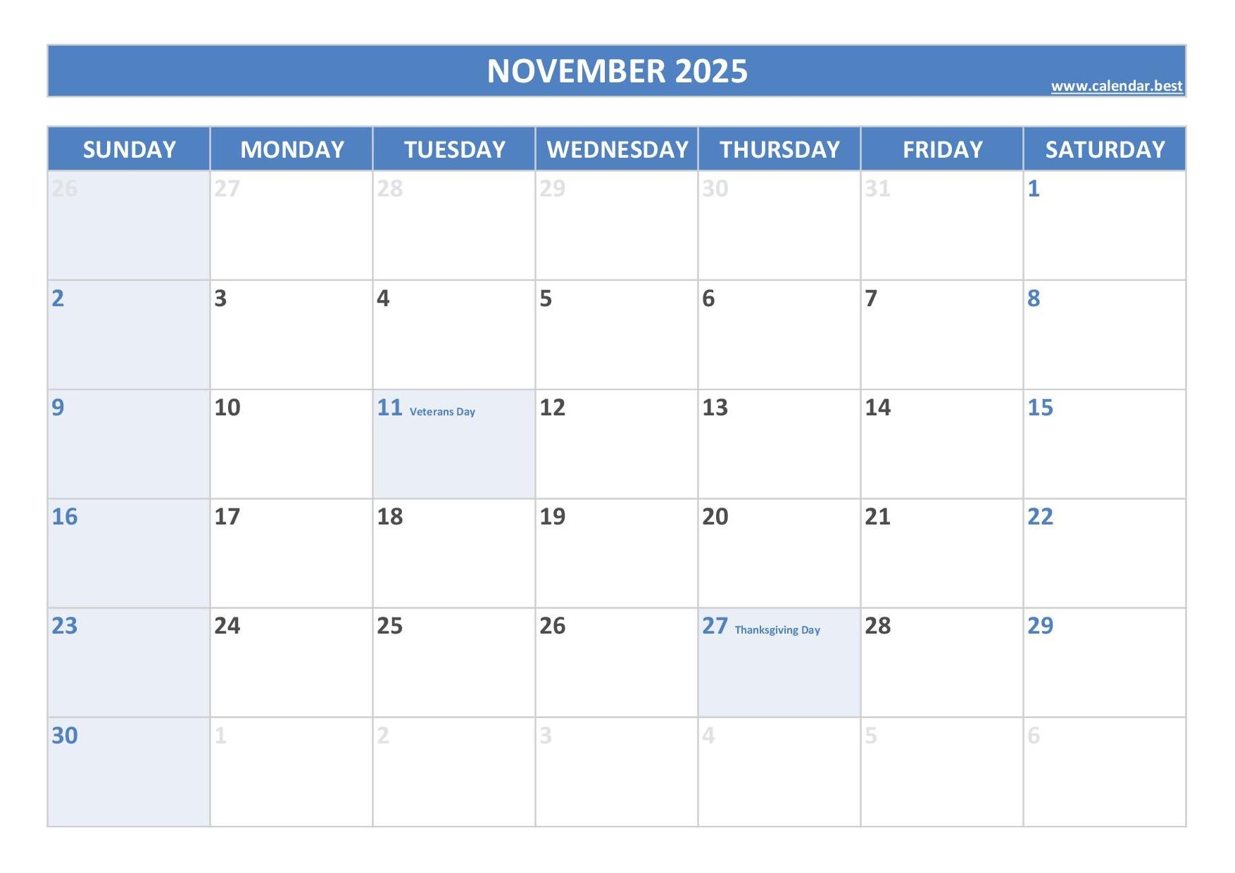 Printable November Calendar With Holidays