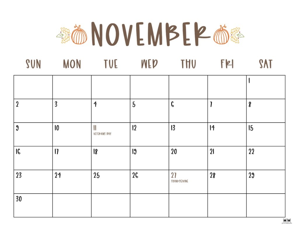 November Calendar Heading Printable