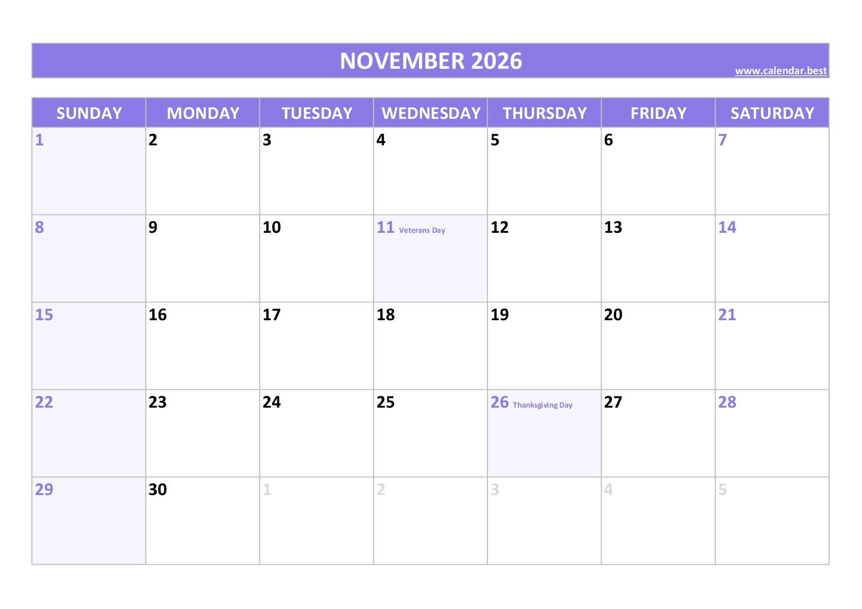 November 2026 Printable Calendar Fall