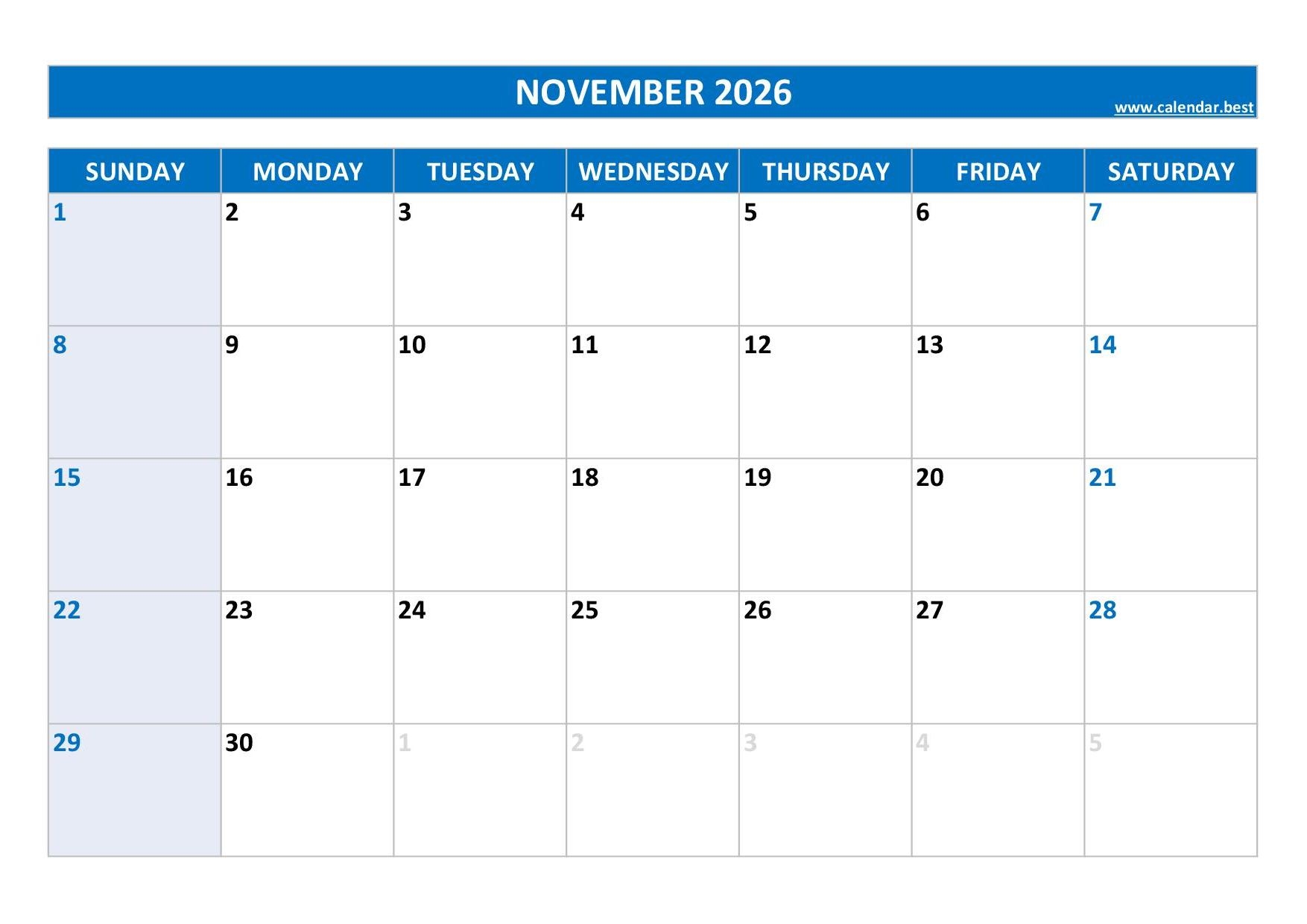 Free Blank Printable Calendar November 2026