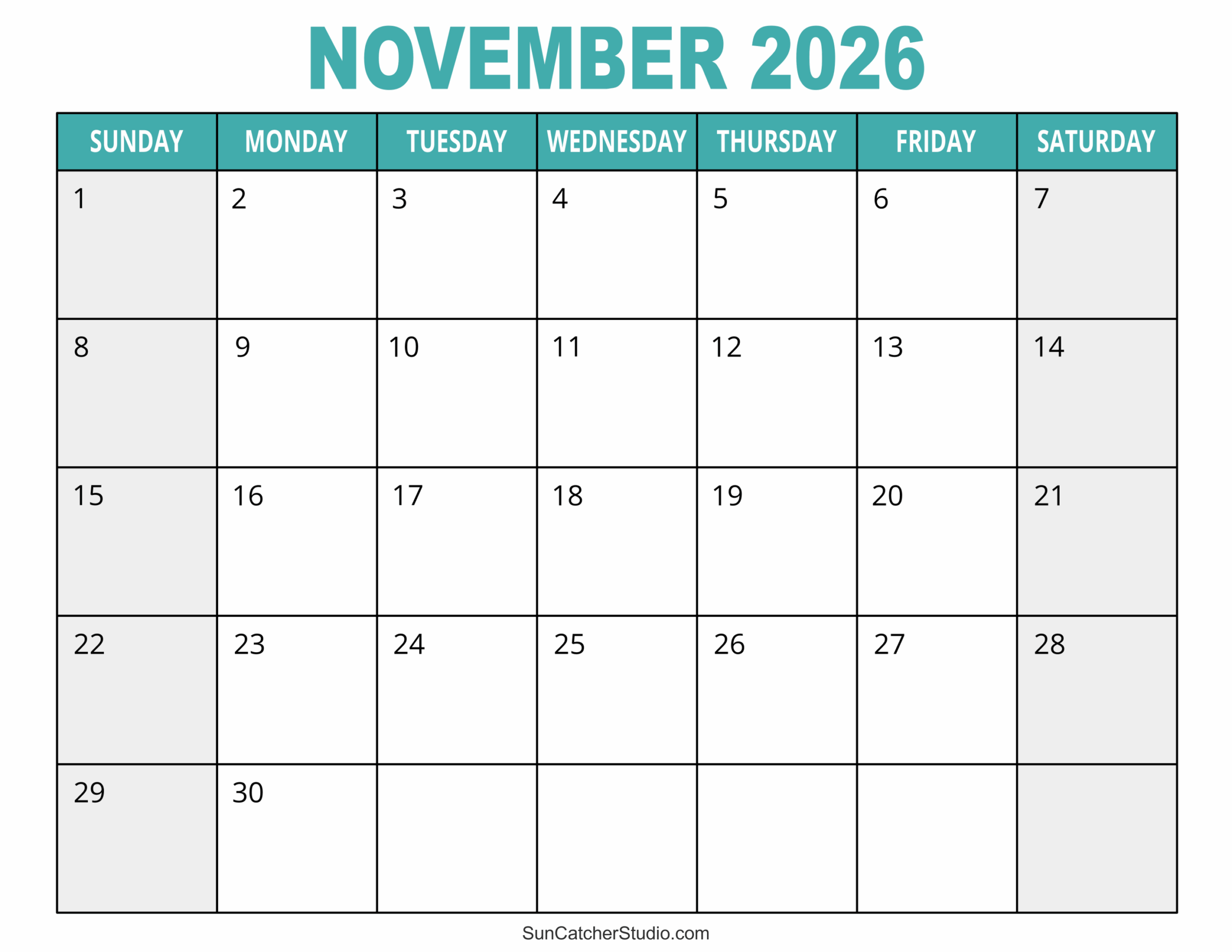 Printable November 2026 Calendar For School