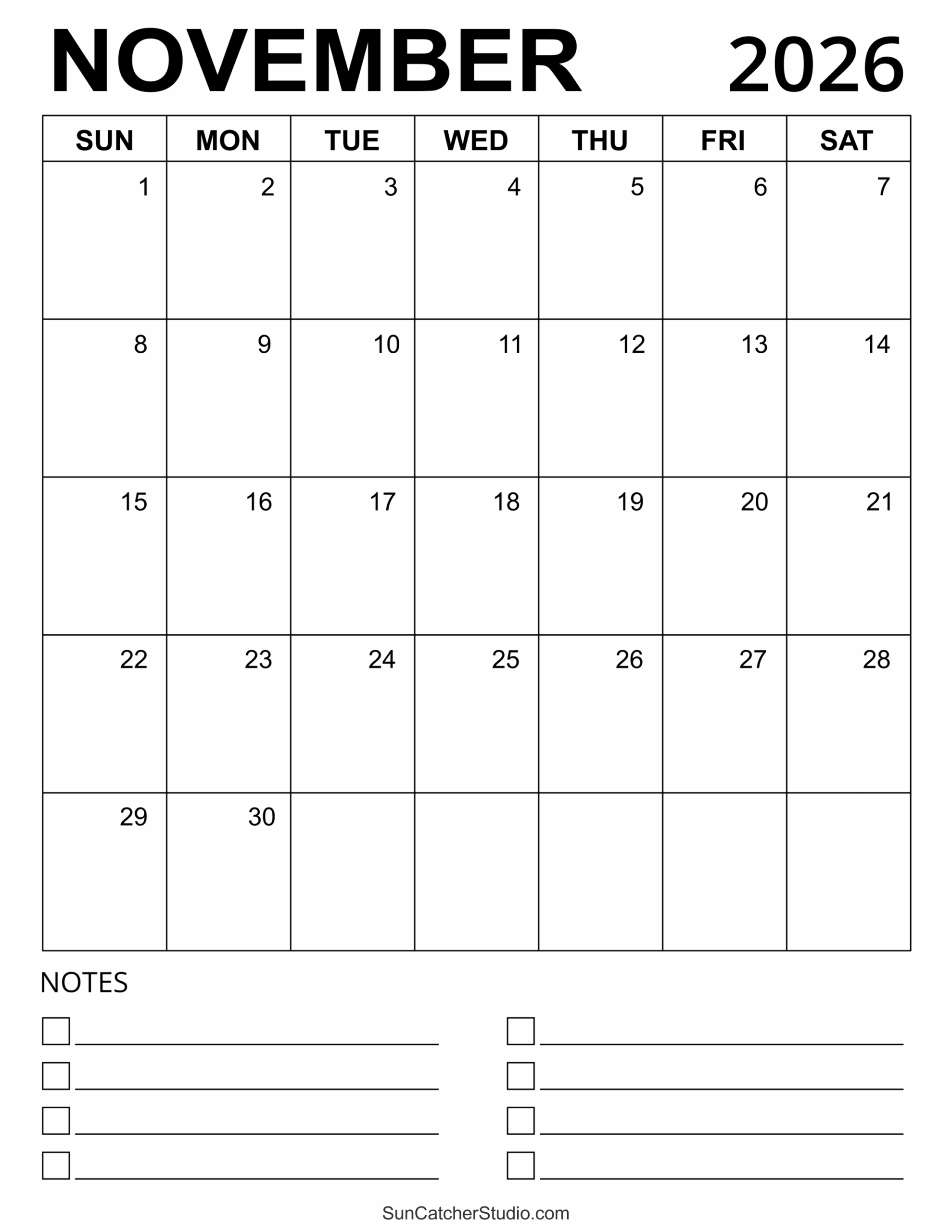 Monthly November Calendar 2026 Printable