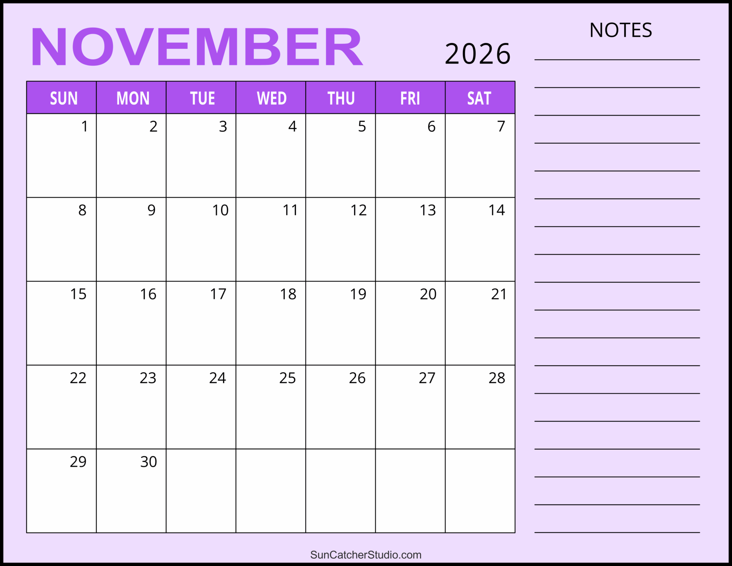 Free Printable November 2026 Weekday Calendar