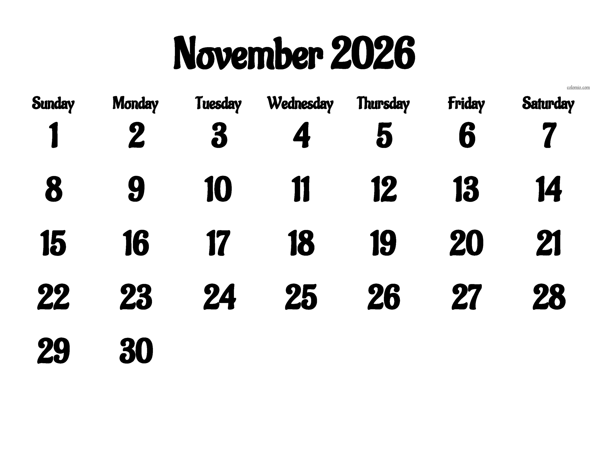 November Thru Feb 2026 Printable Calendar