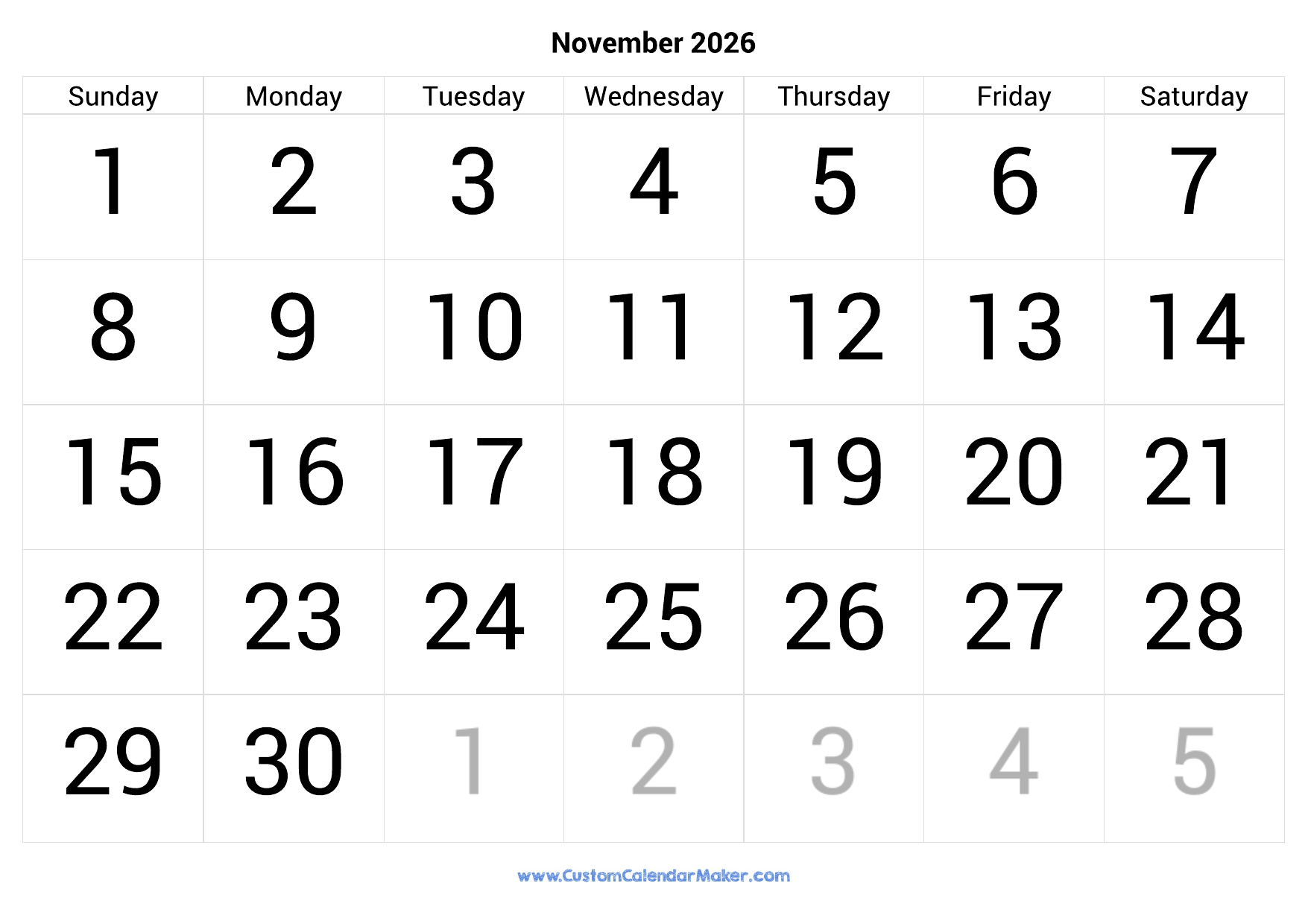 November 2026 Calendar Printable With Large Numbers Custom 