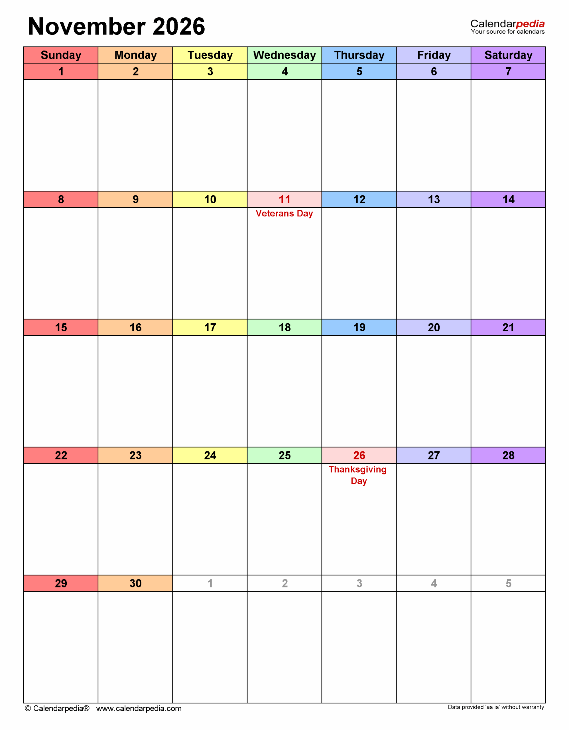 November 2026 Calendar Printable Portrait