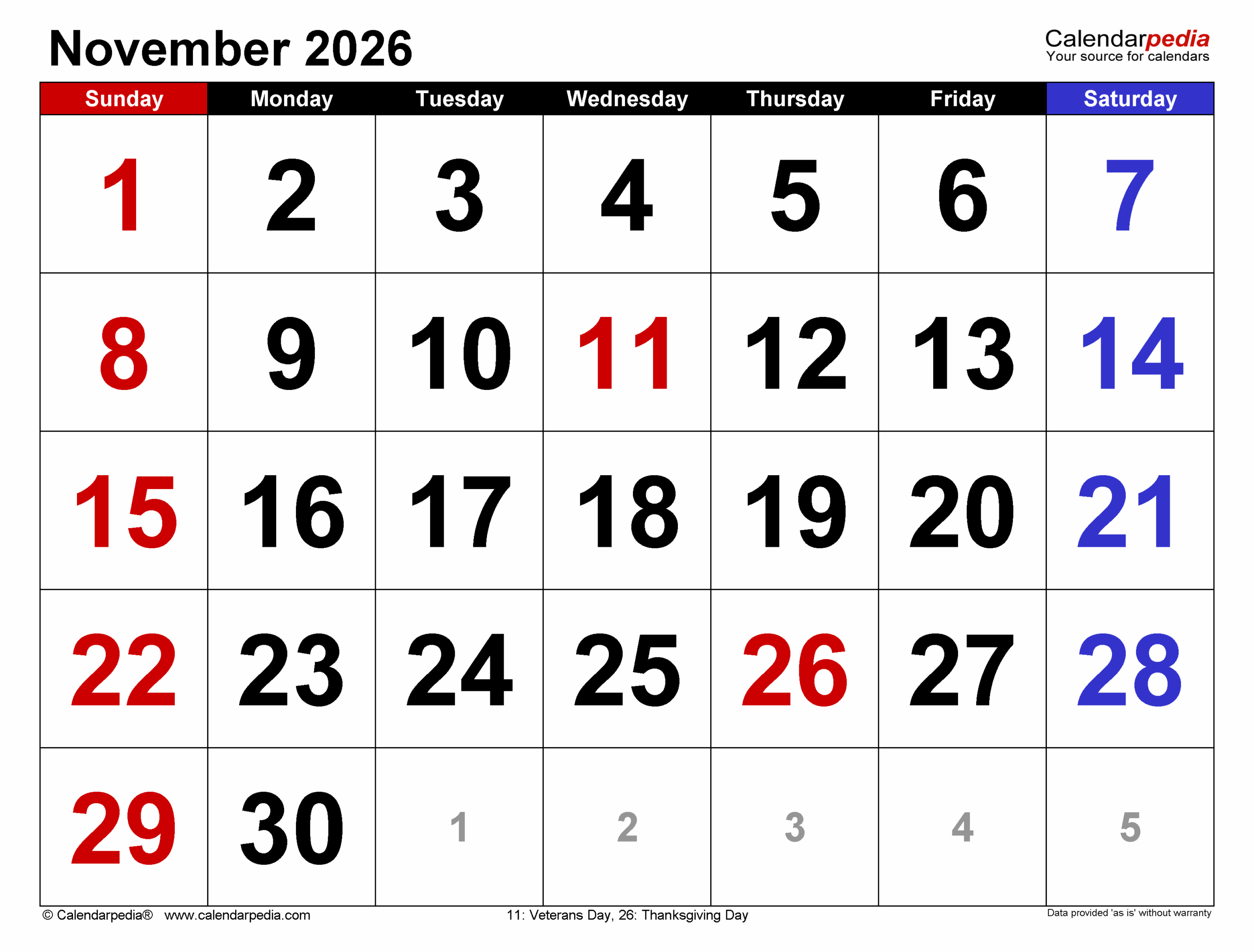 Editable Printable November 2026 Calendar