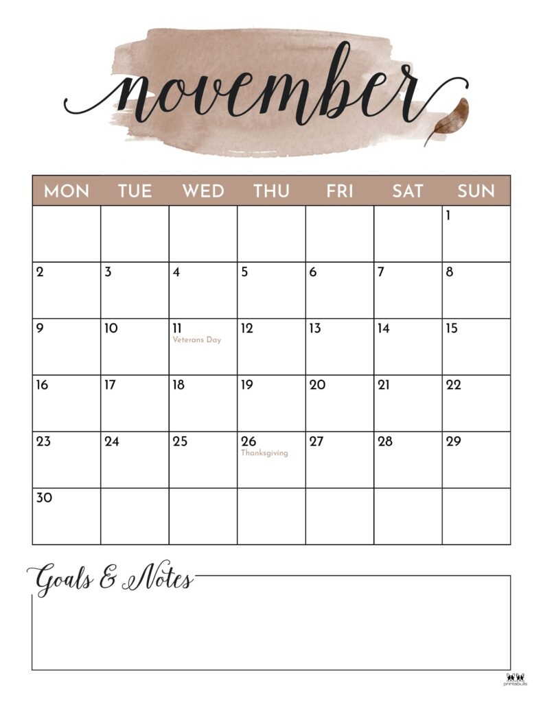 November 2026 Calendars 123 FREE Printables Printabulls