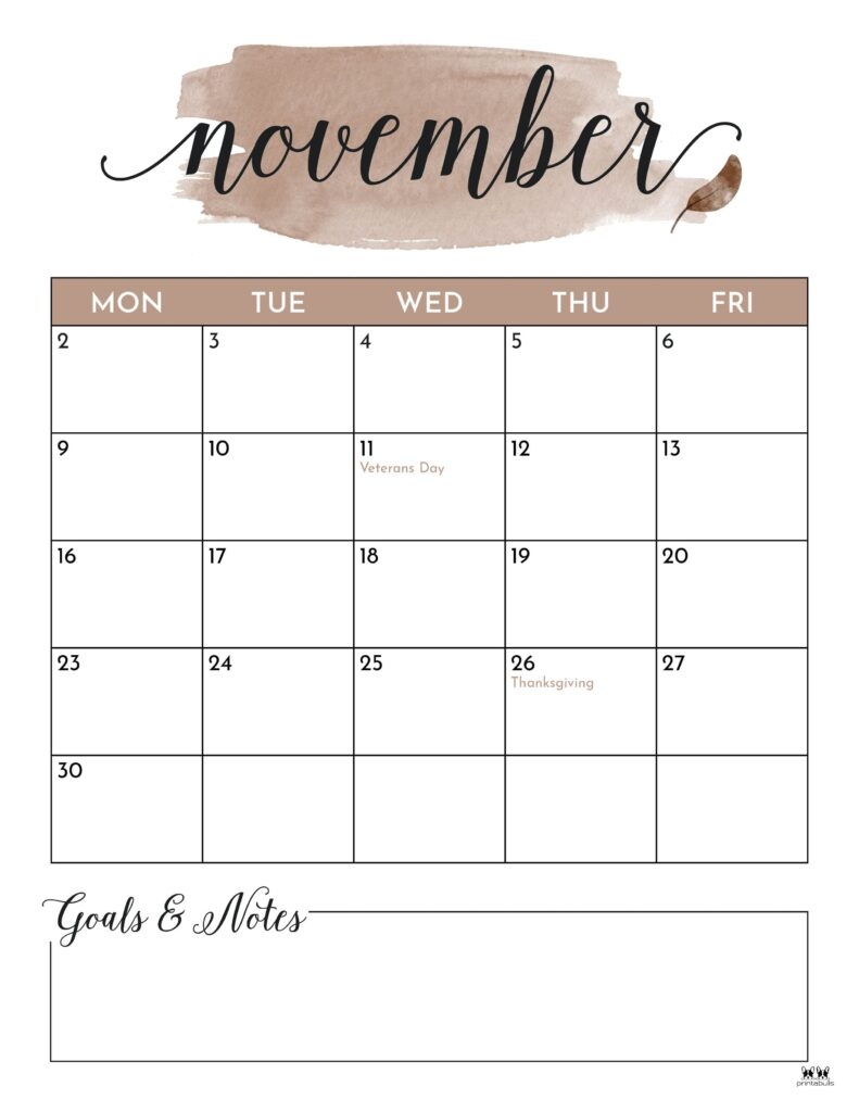 November 2026 Calendars 123 FREE Printables Printabulls