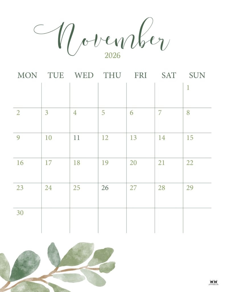 November 2026 Calendar Printable Vertical