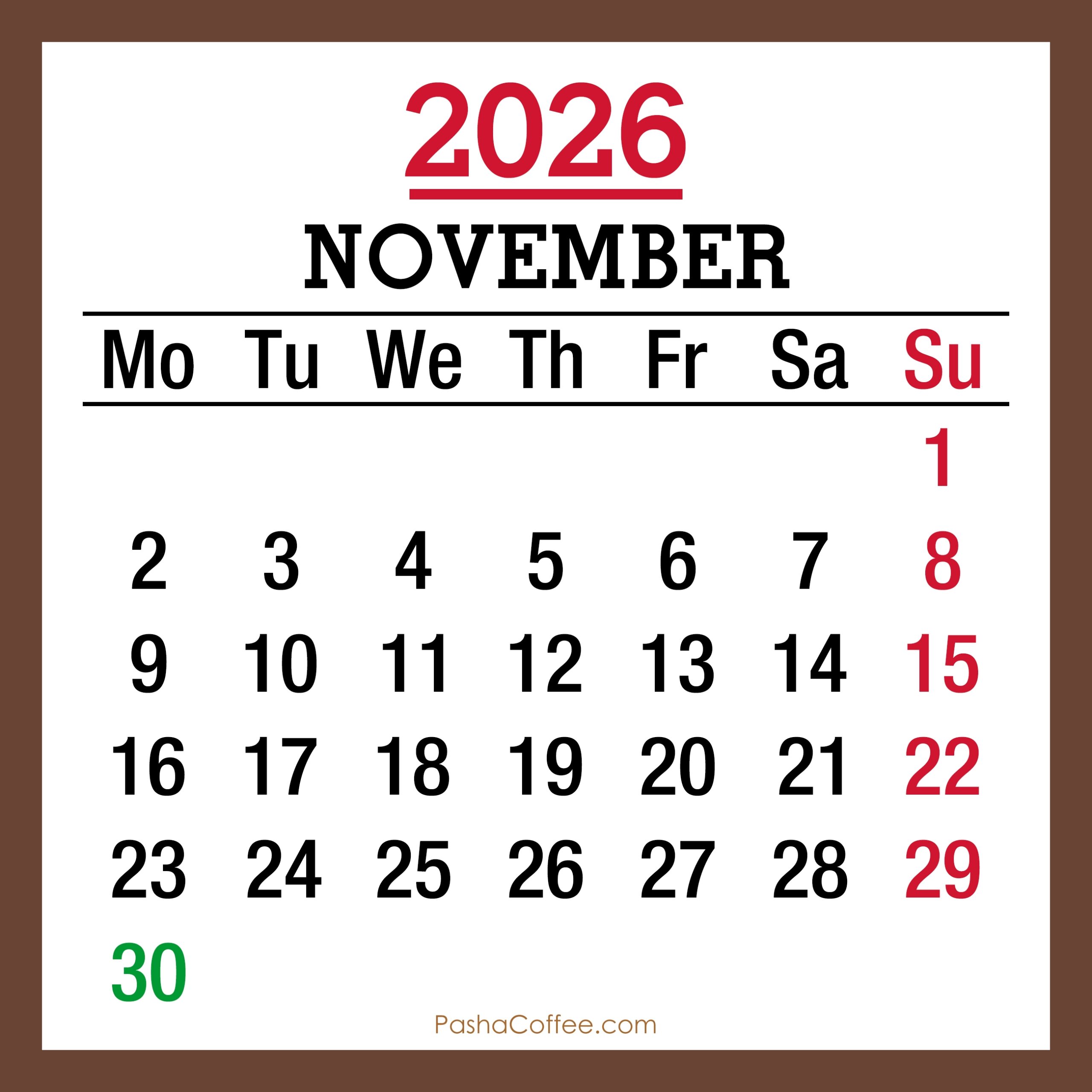 Printable Calendar November 2026 Uk