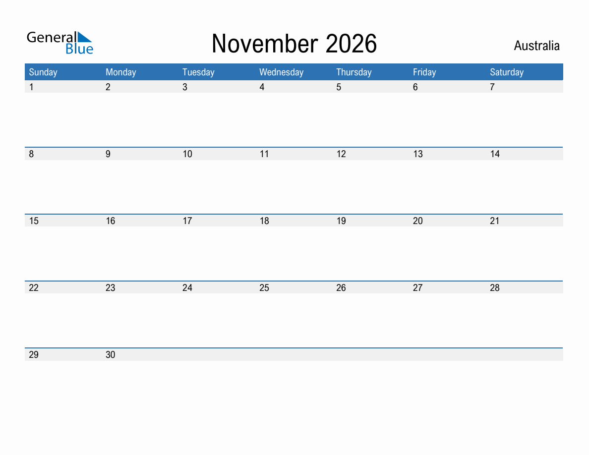 November 2026 Monthly Calendars With Australia Holidays