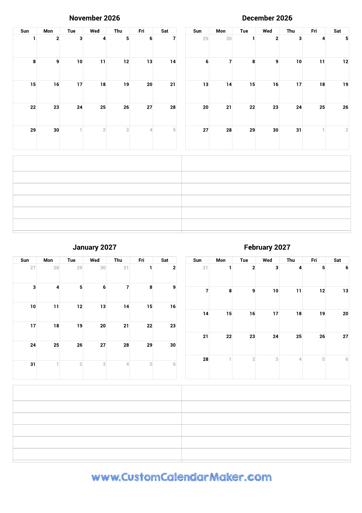 Blank 2026 And 2027 Calendar Printable