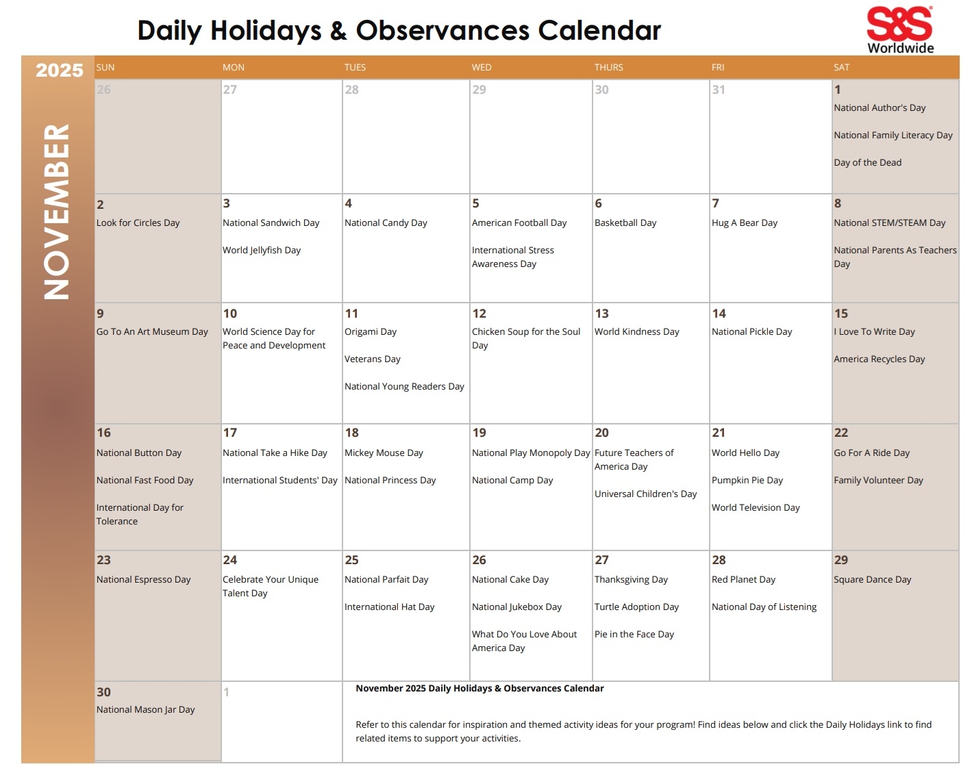 November Daily Holidays amp Observances Printable Calendar S amp S Blog